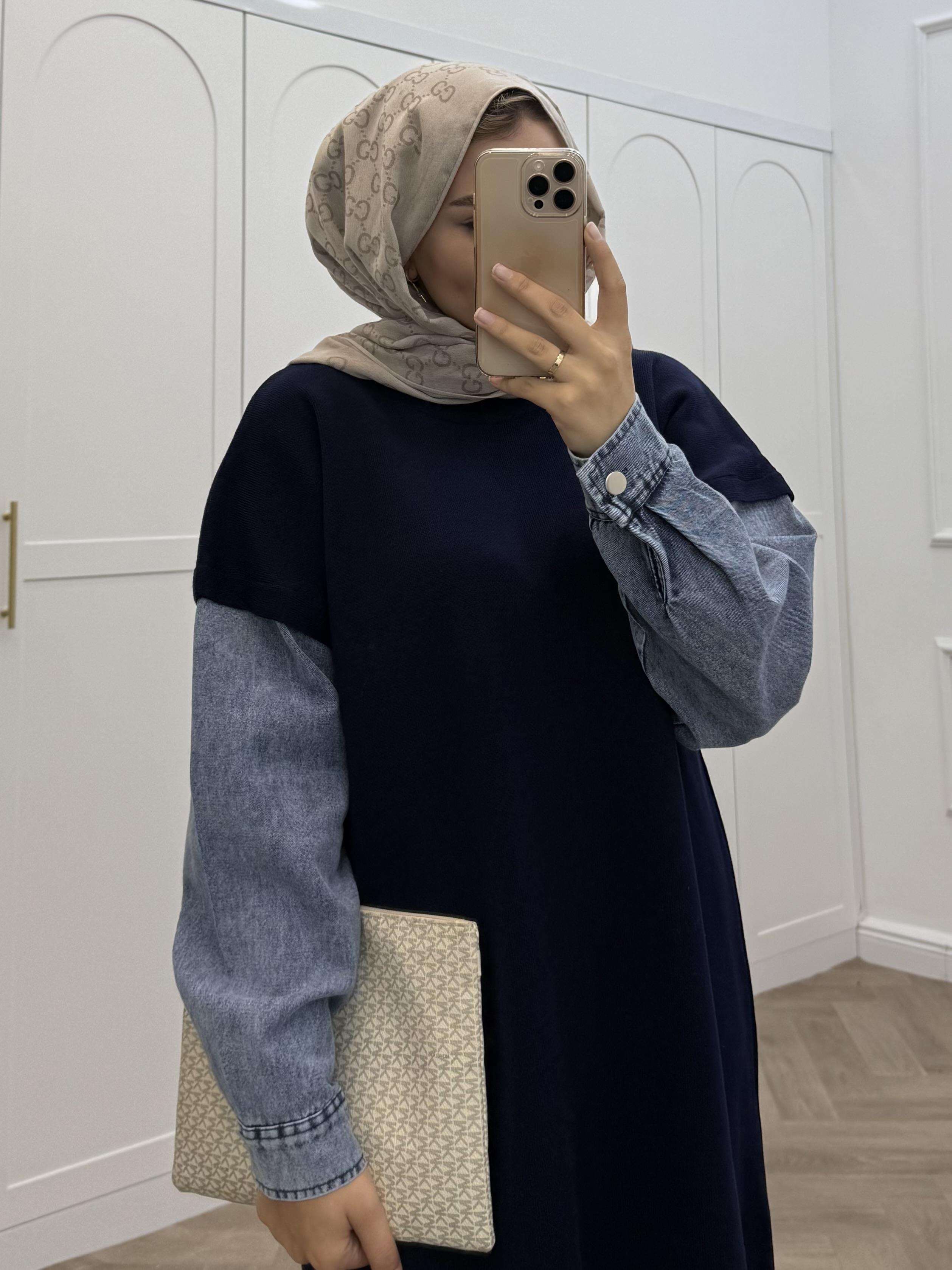 DENİM KOL TRİKO ELBİSE LACİVERT