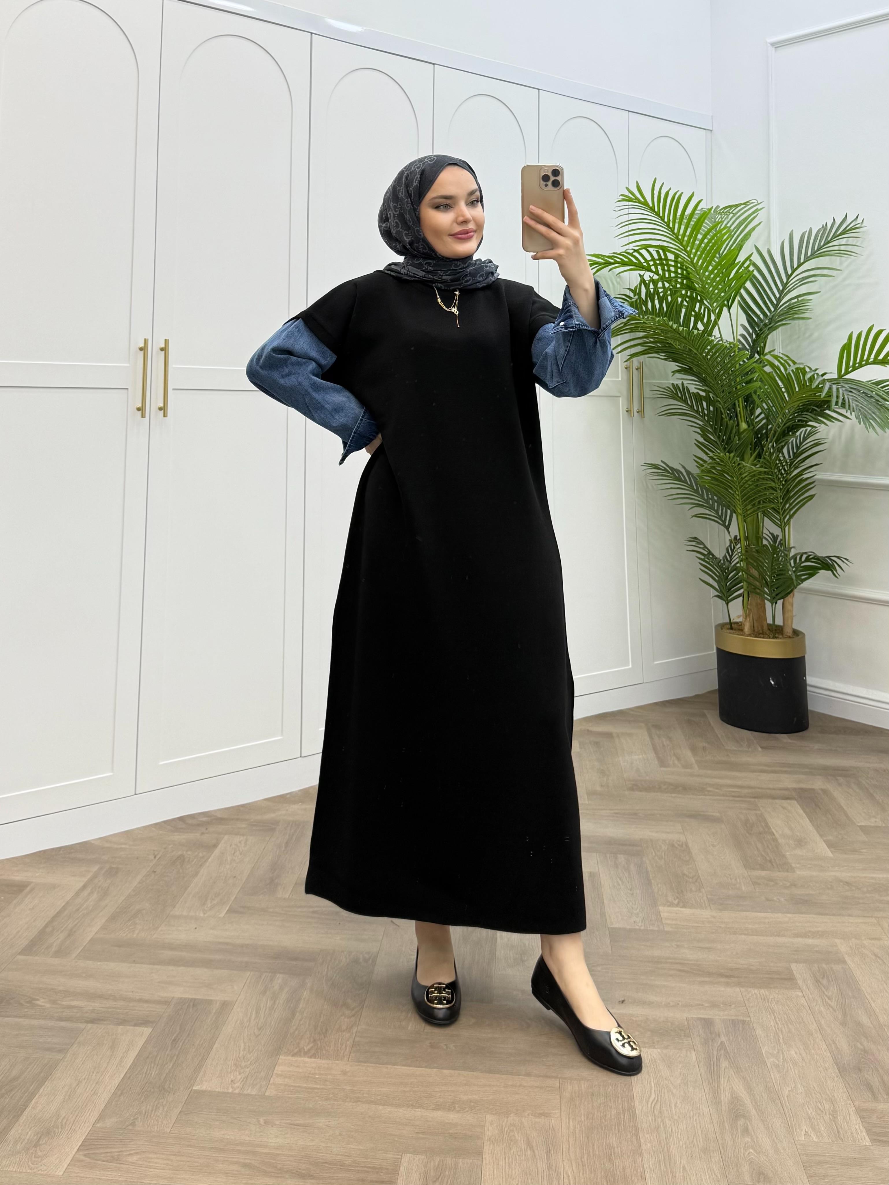 DENİM KOL TRİKO ELBİSE SİYAH