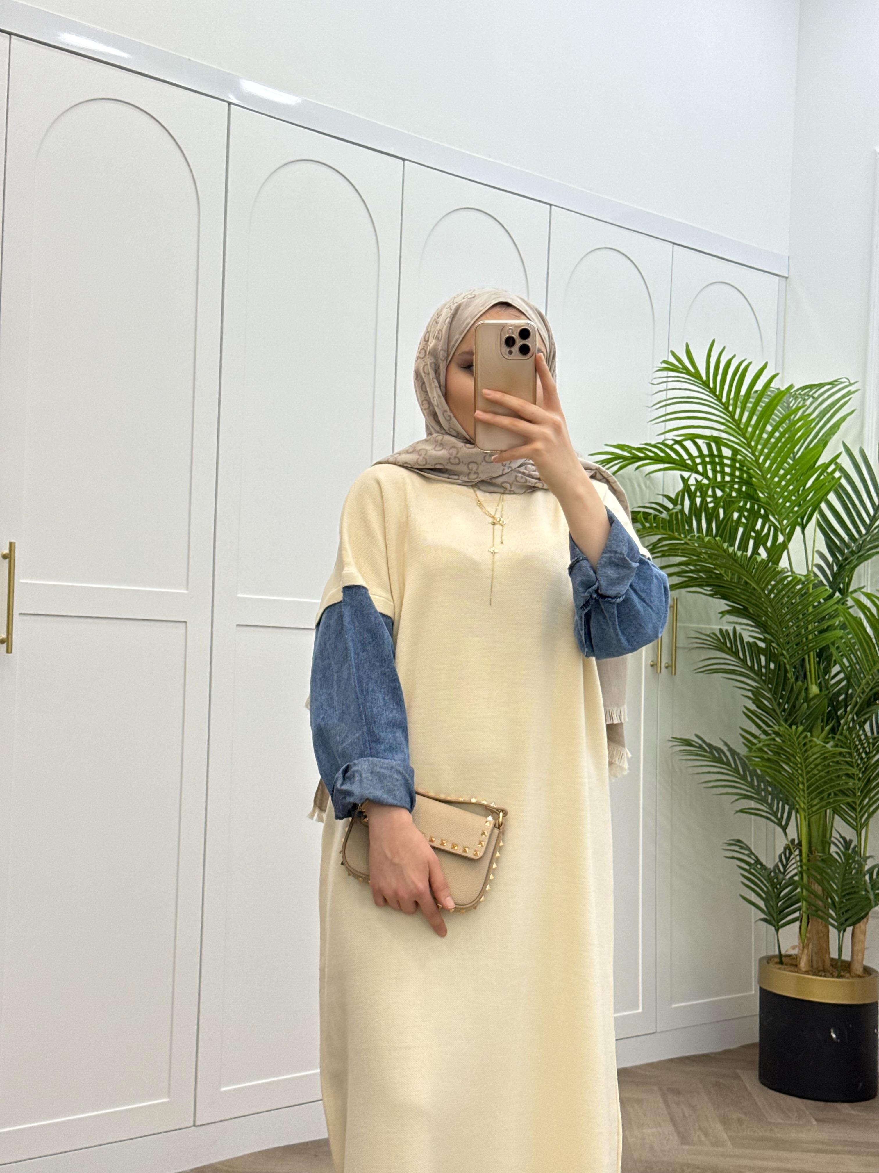 DENİM KOL TRİKO ELBİSE TAŞ