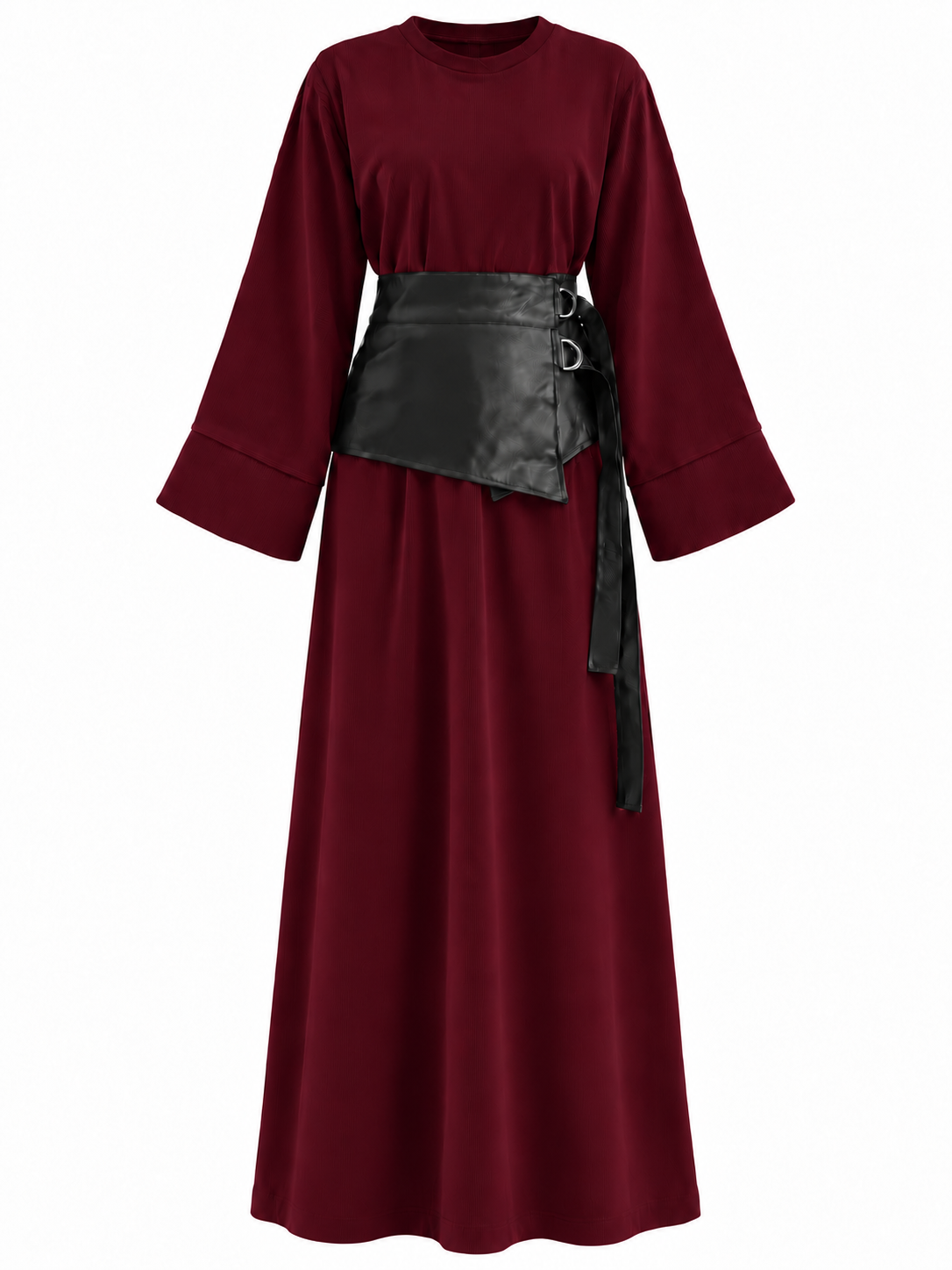 DERİ KEMERLİ FİTİLLİ ELBİSE BORDO