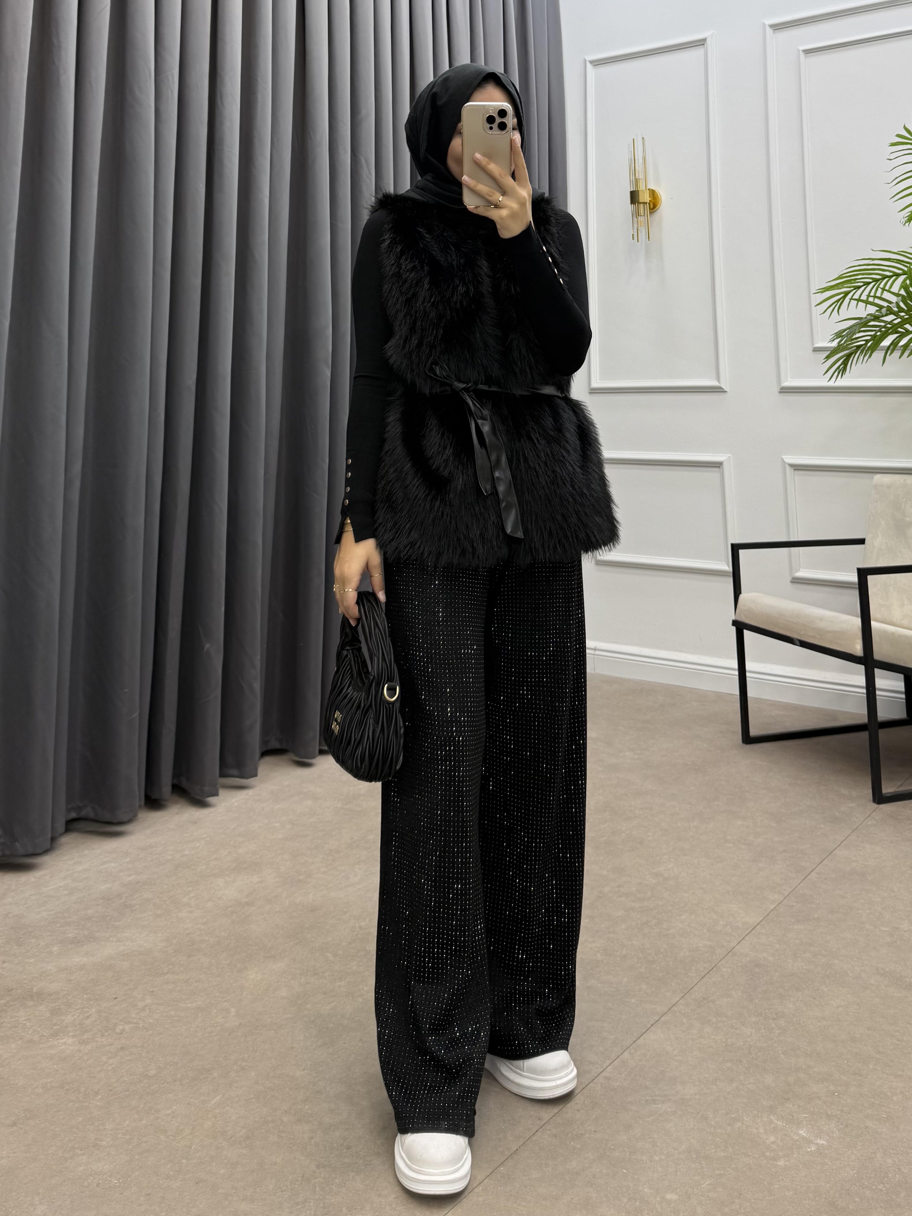 DERİ KEMERLİ KÜRK YELEK SİYAH