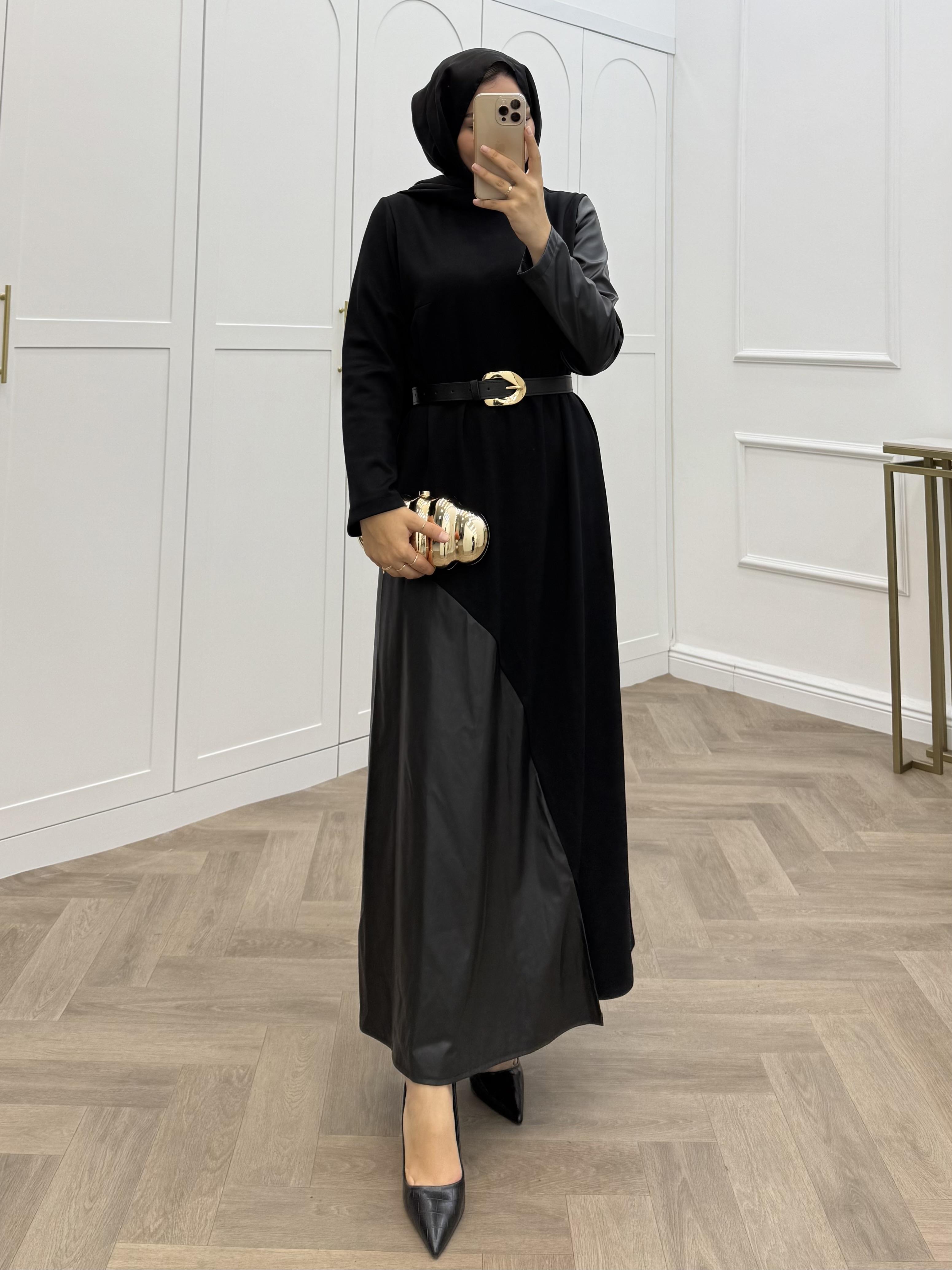 DERİ KOLLU OYSHO ELBİSE SİYAH