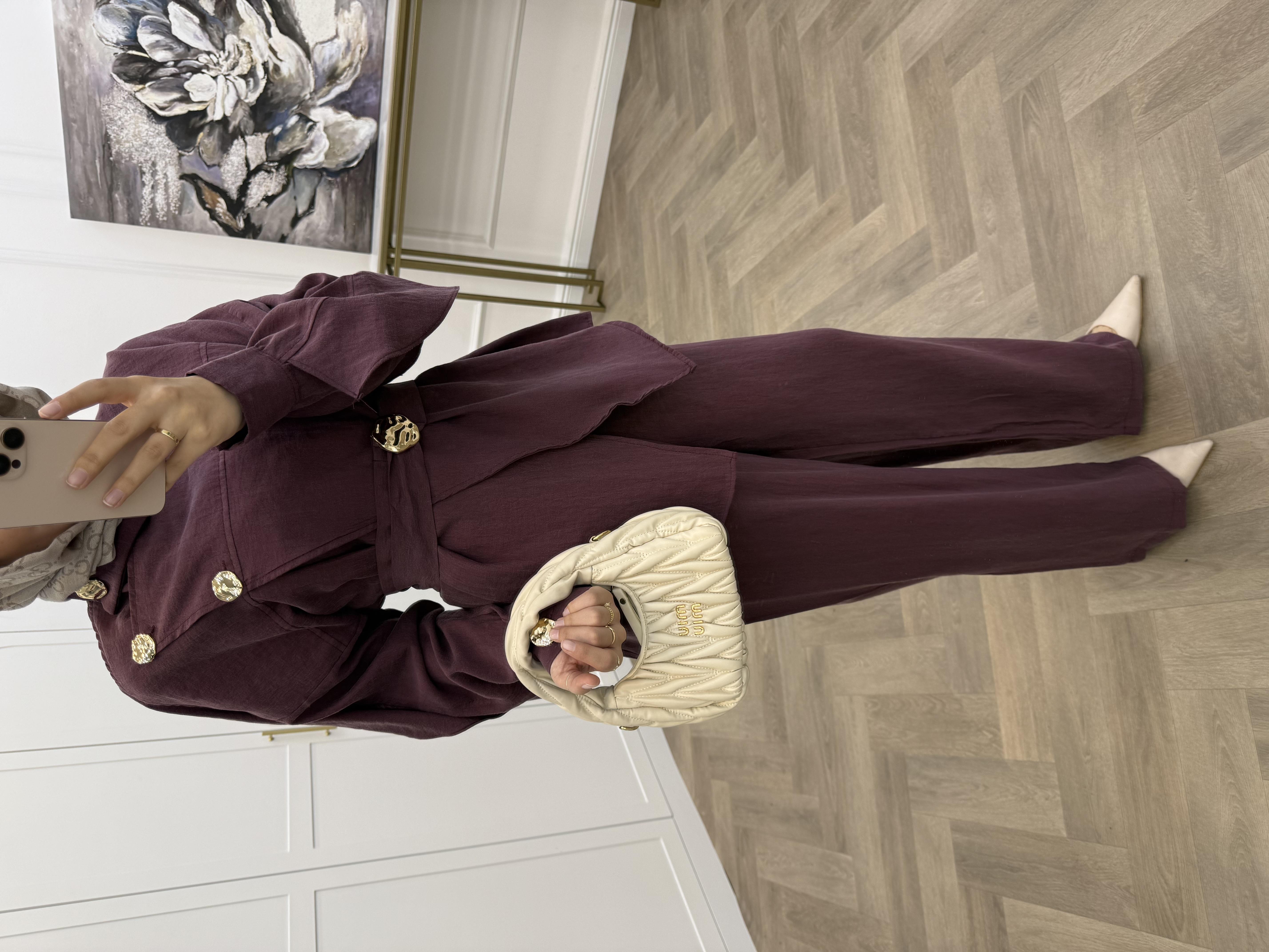 DERYA GOLD DÜĞMELİ PANTOLONLU TAKIM MÜRDÜM