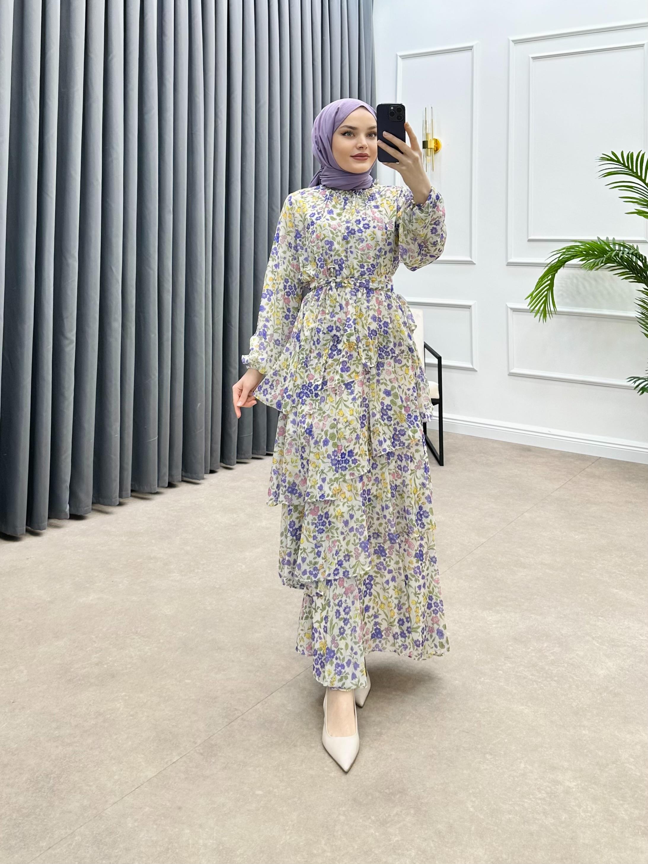 DESENLİ KATLI ŞİFON MOR