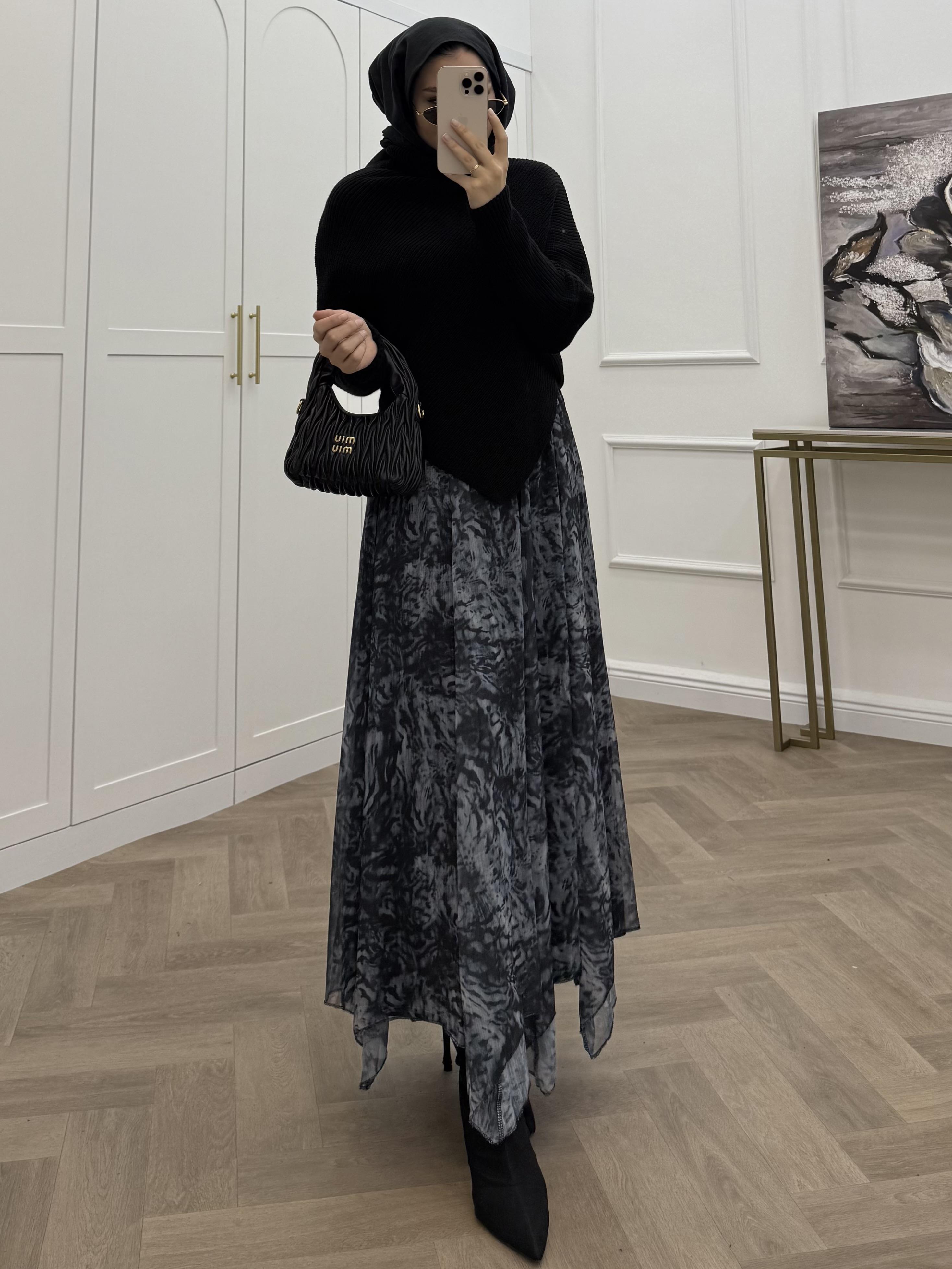 DESENLİ ŞİFON ETEK MAVİ