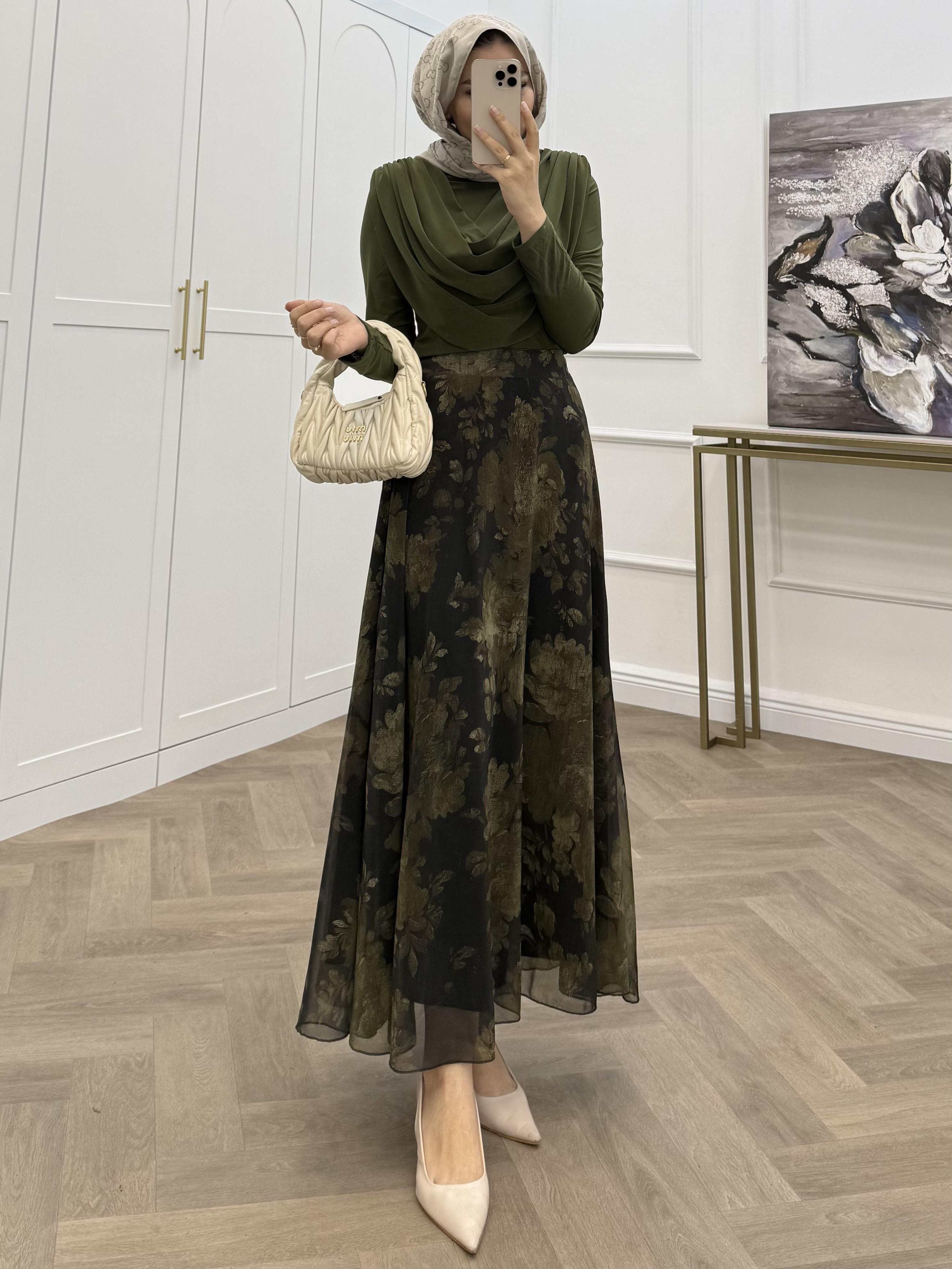 DEVA DESENLİ ŞİFON ETEK ZÜMRÜT