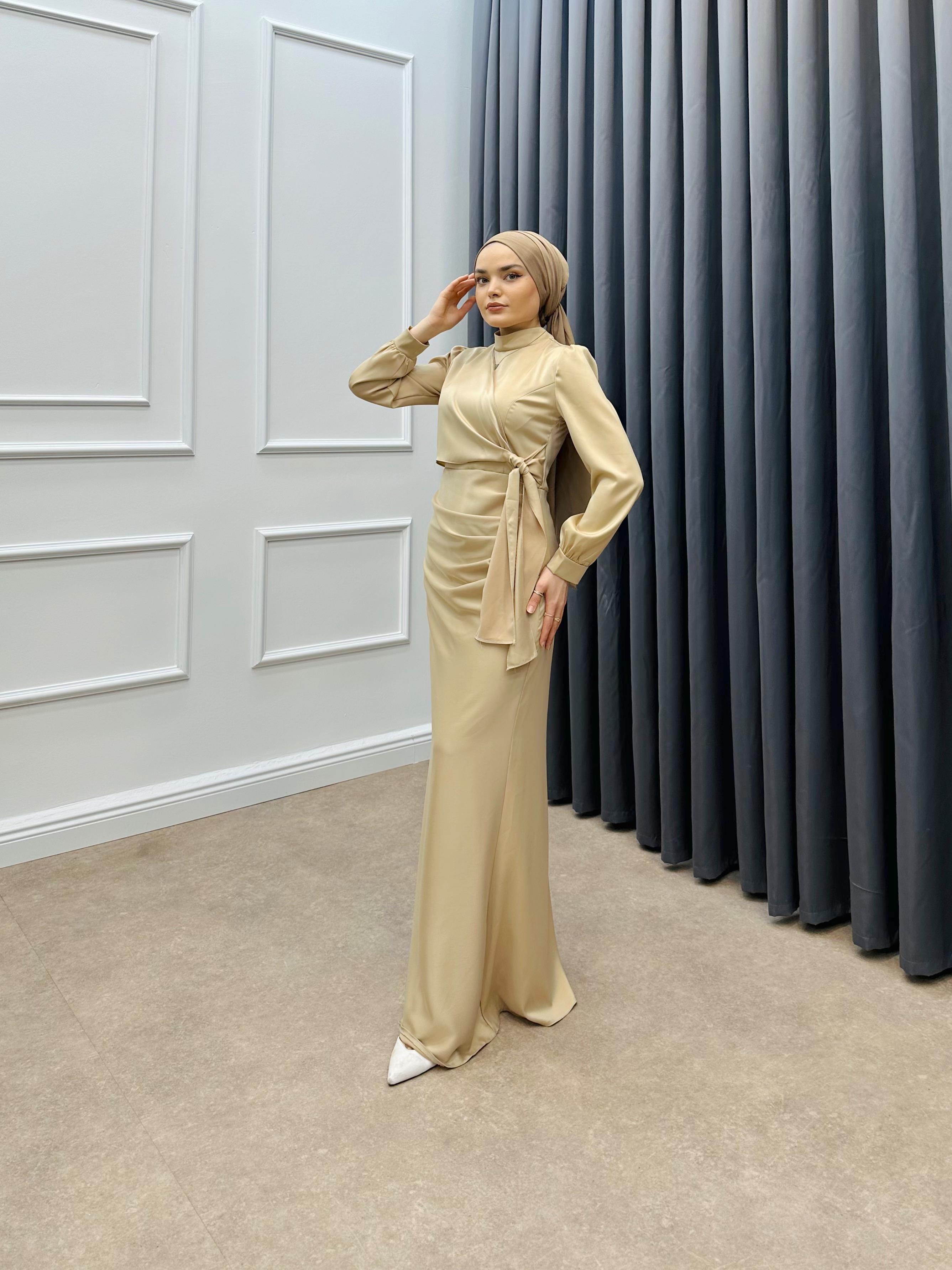 DRAPE SATEN ELBİSE BEJ