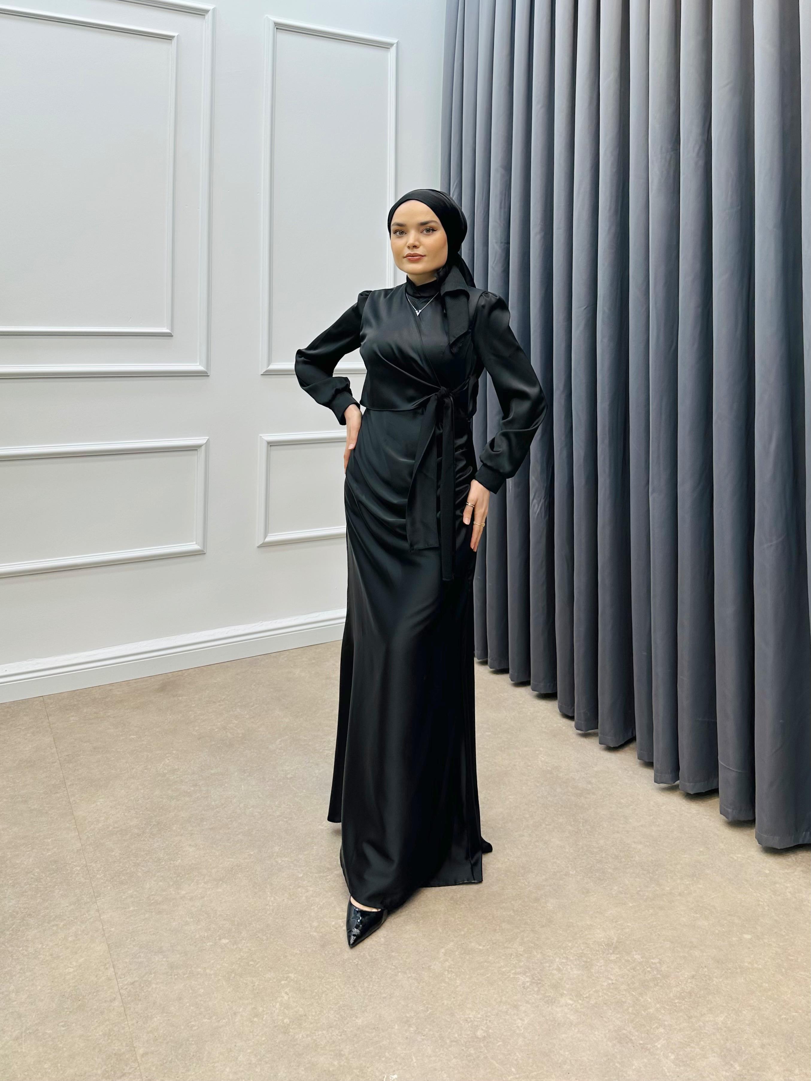 DRAPE SATEN ELBİSE SİYAH