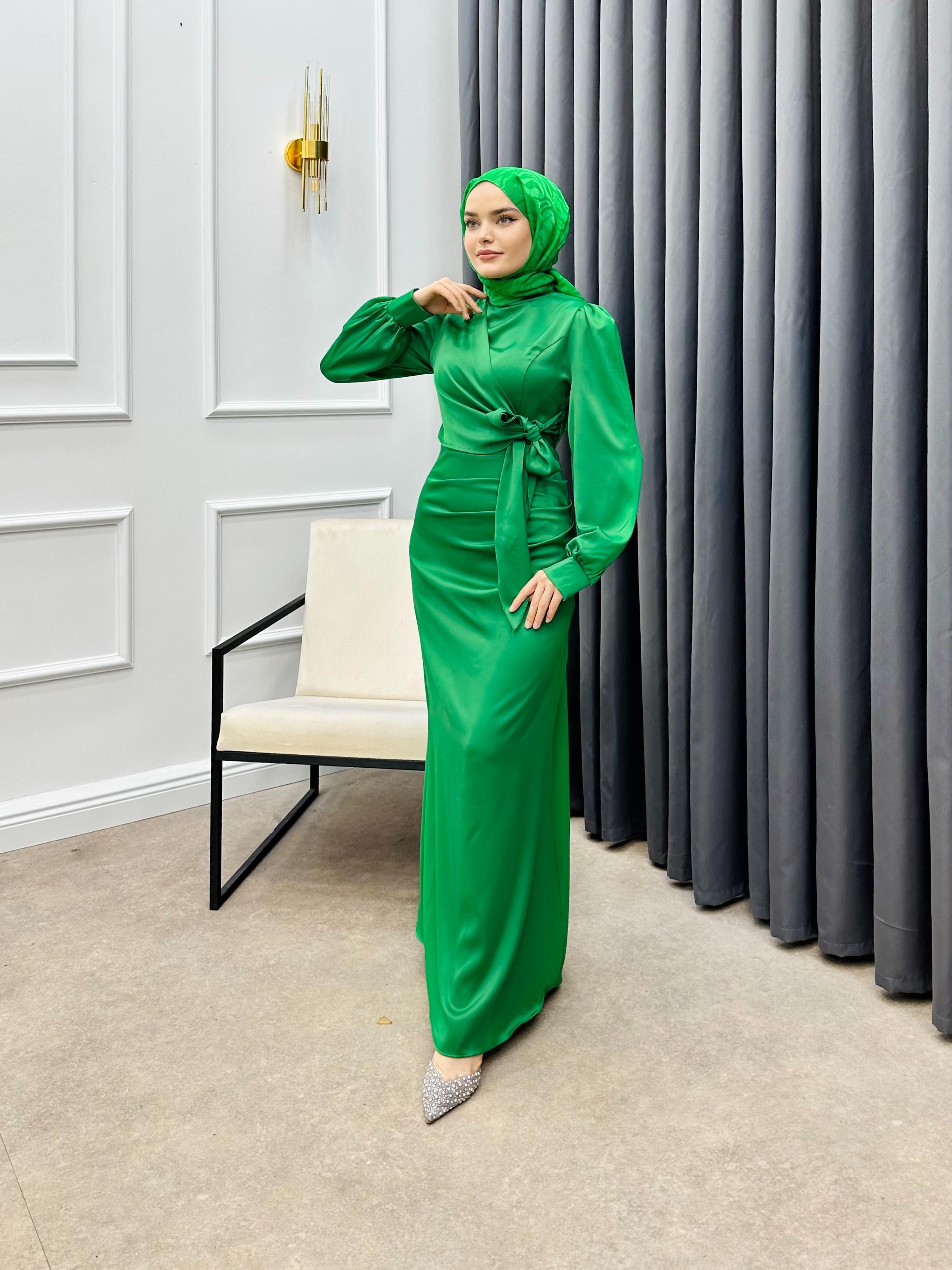 DRAPE SATEN ELBİSE YEŞİL