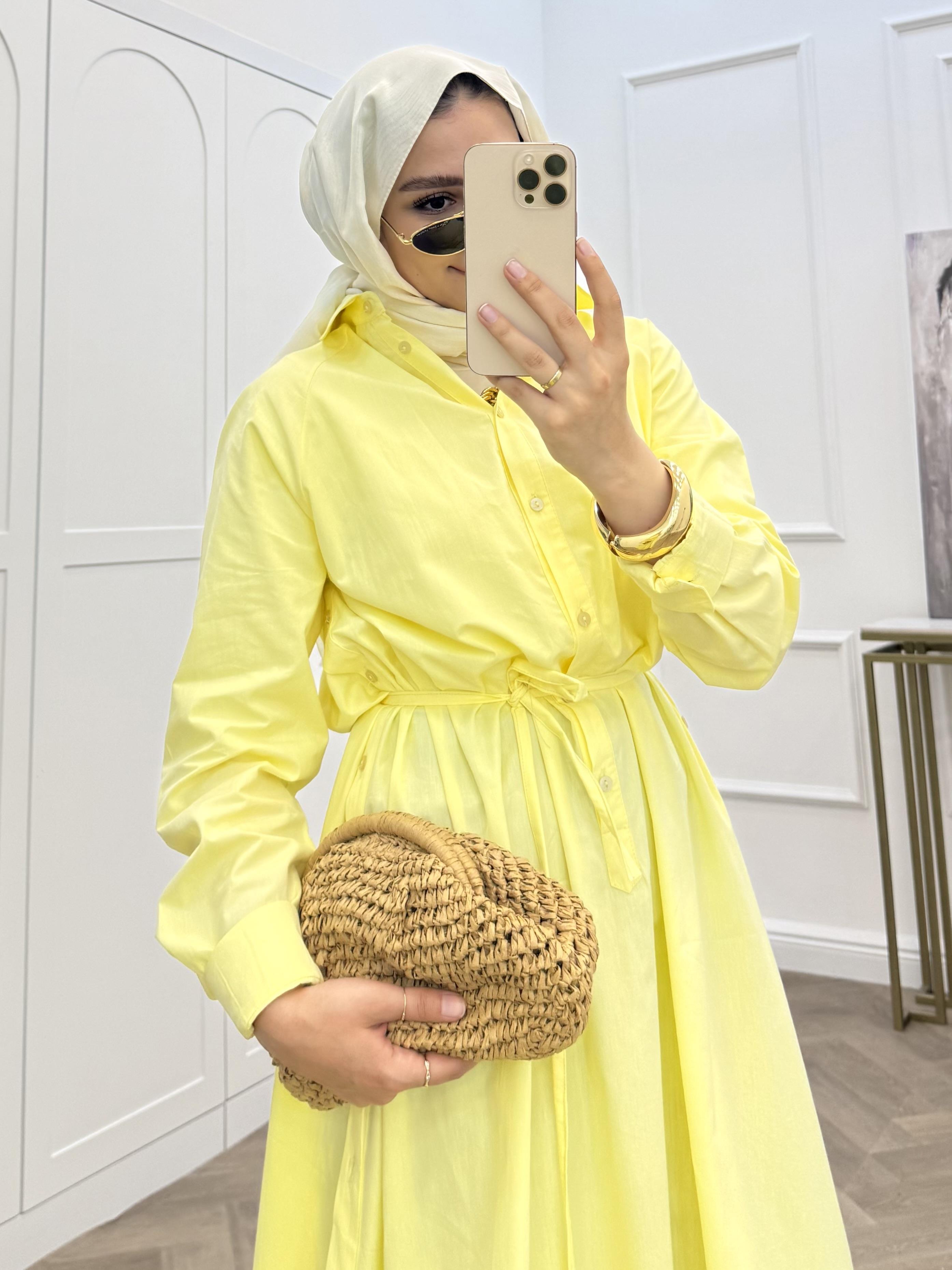 DÜĞMELİ POPLİN TUNİK ELBİSE SARI