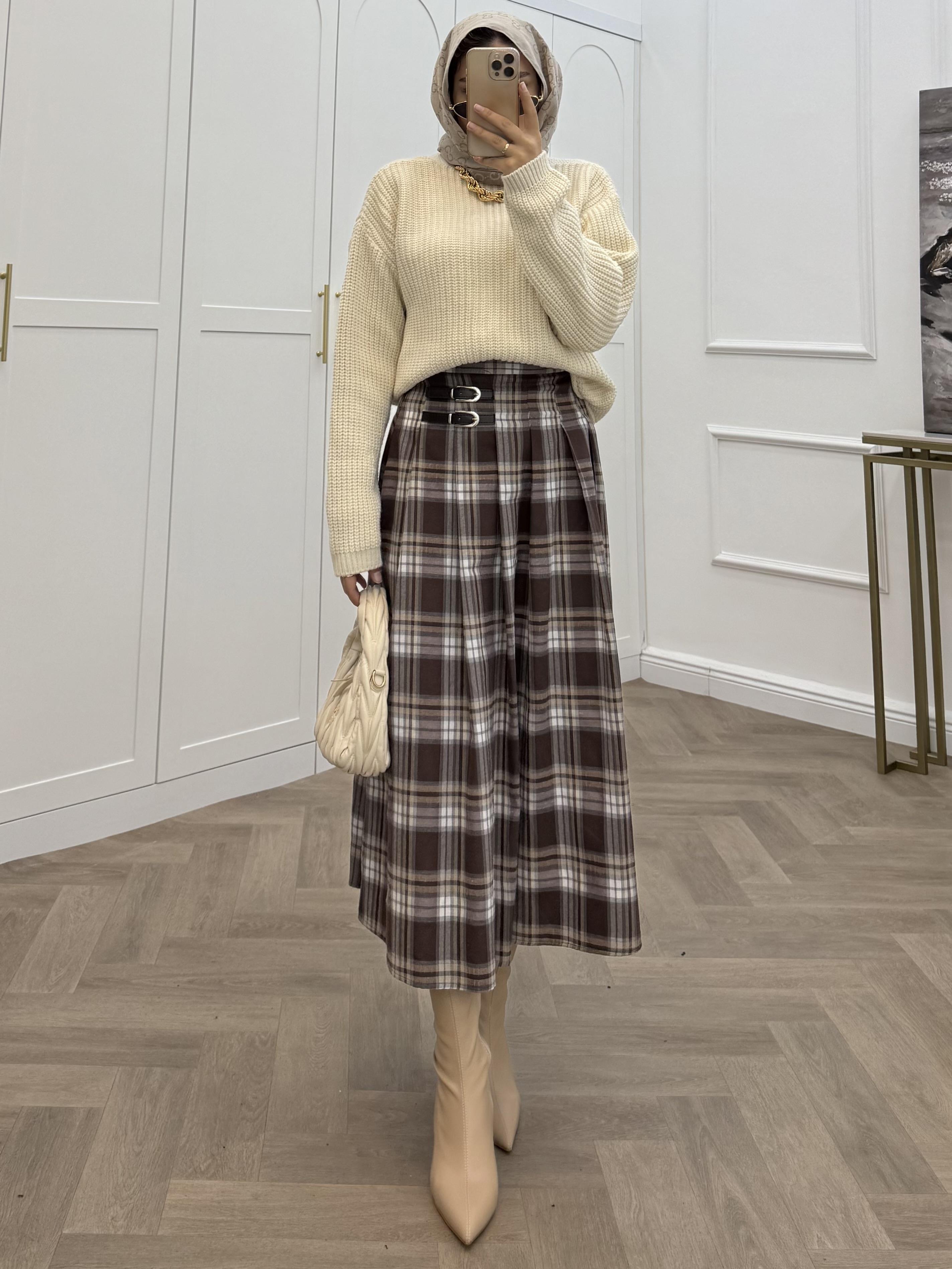 EKOSE DERİ KEMERLİ ETEK VİZON