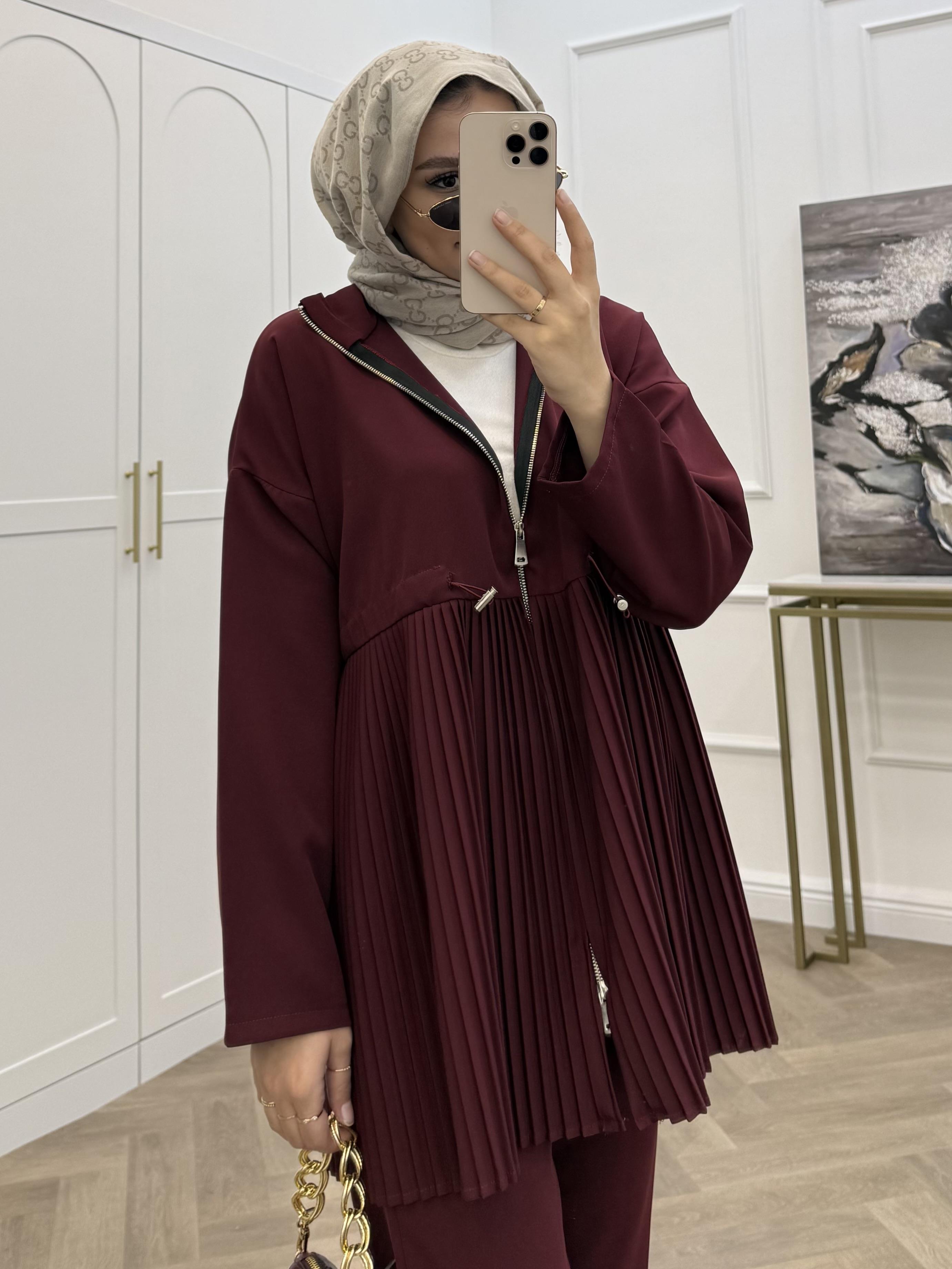 ELA PLİSE DETAY PANTOLONLU TAKIM BORDO