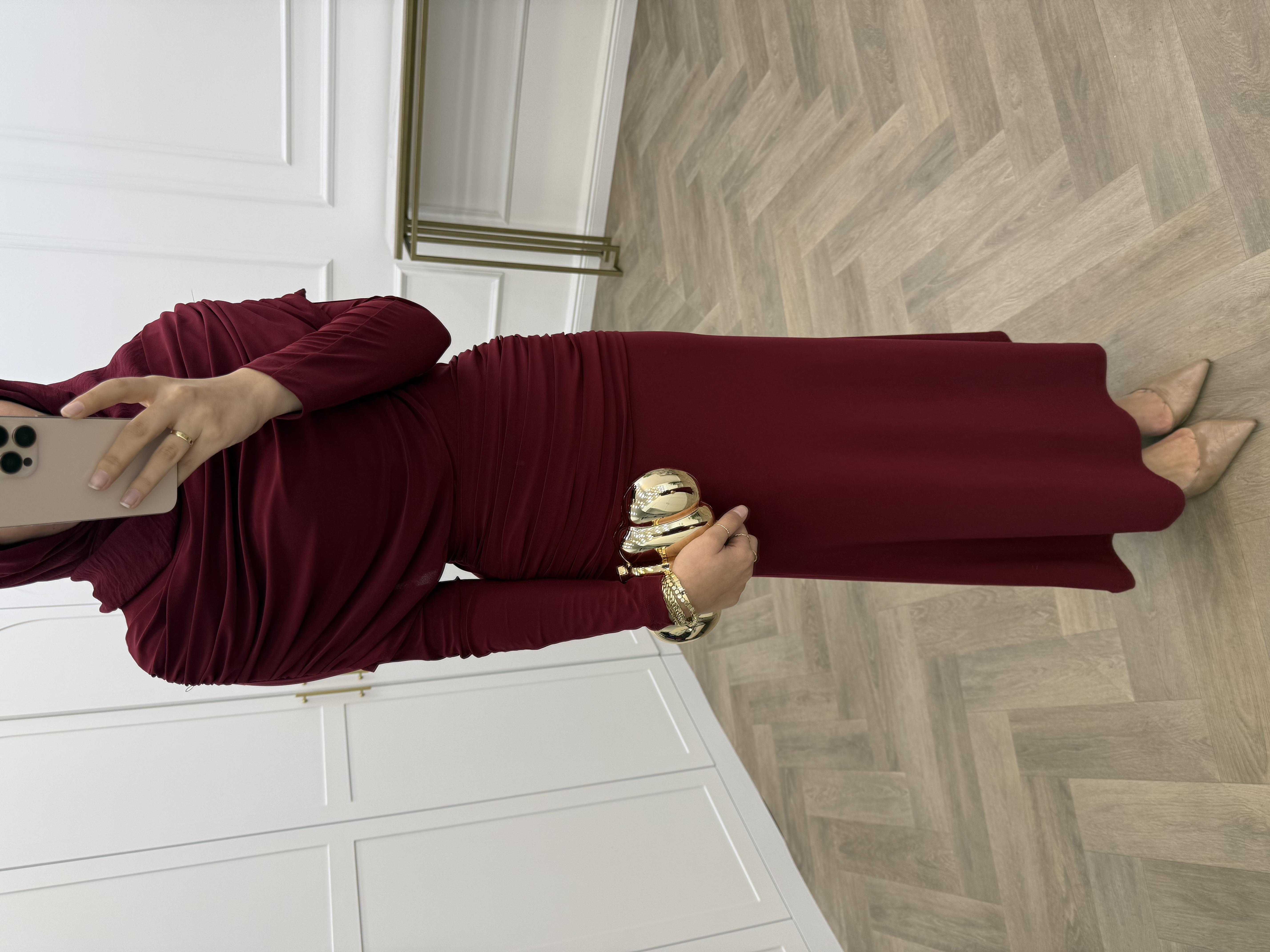 FARAH DEGAJE YAKA SANDY ELBİSE BORDO