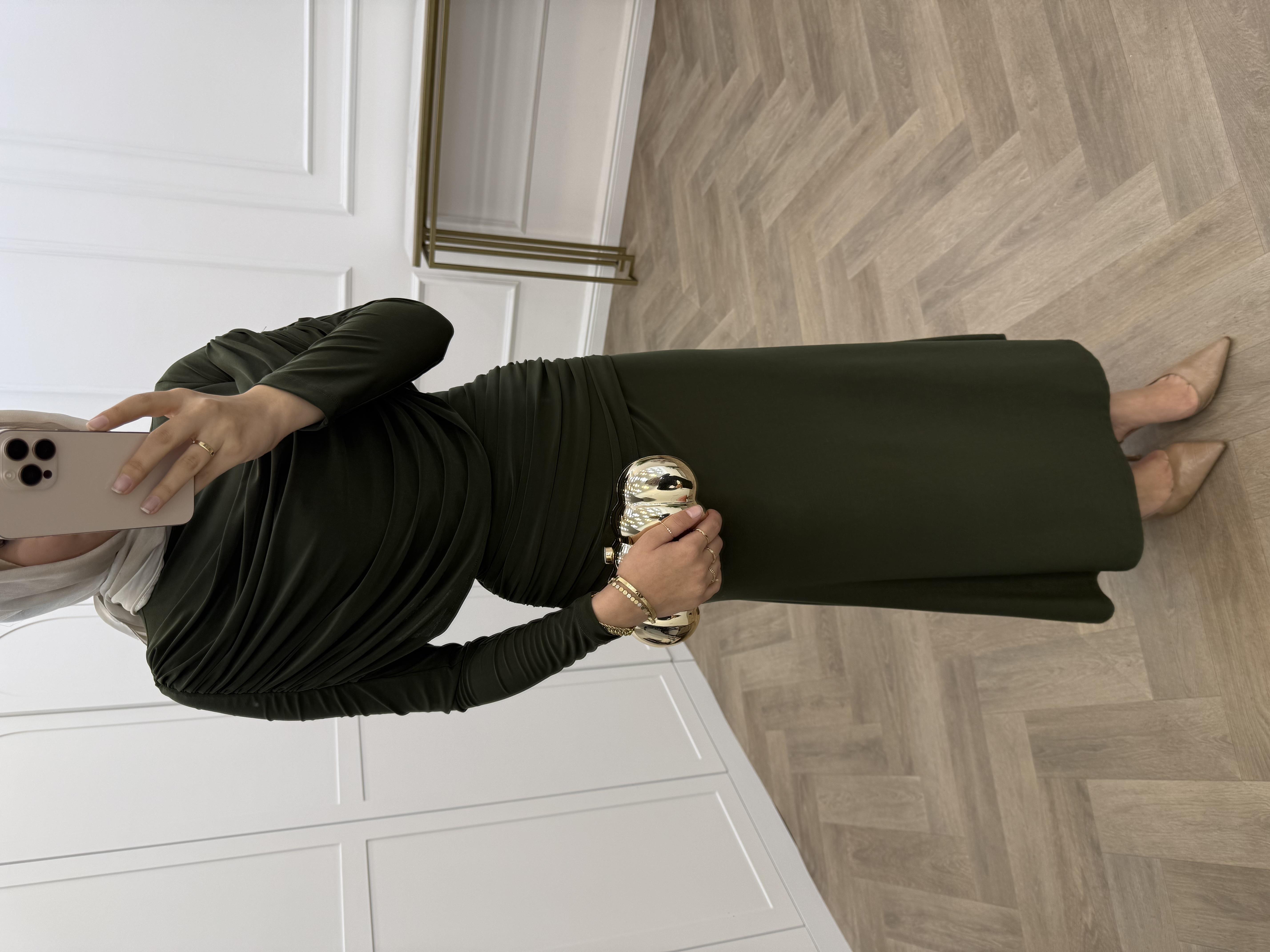 FARAH DEGAJE YAKA SANDY ELBİSE HAKİ