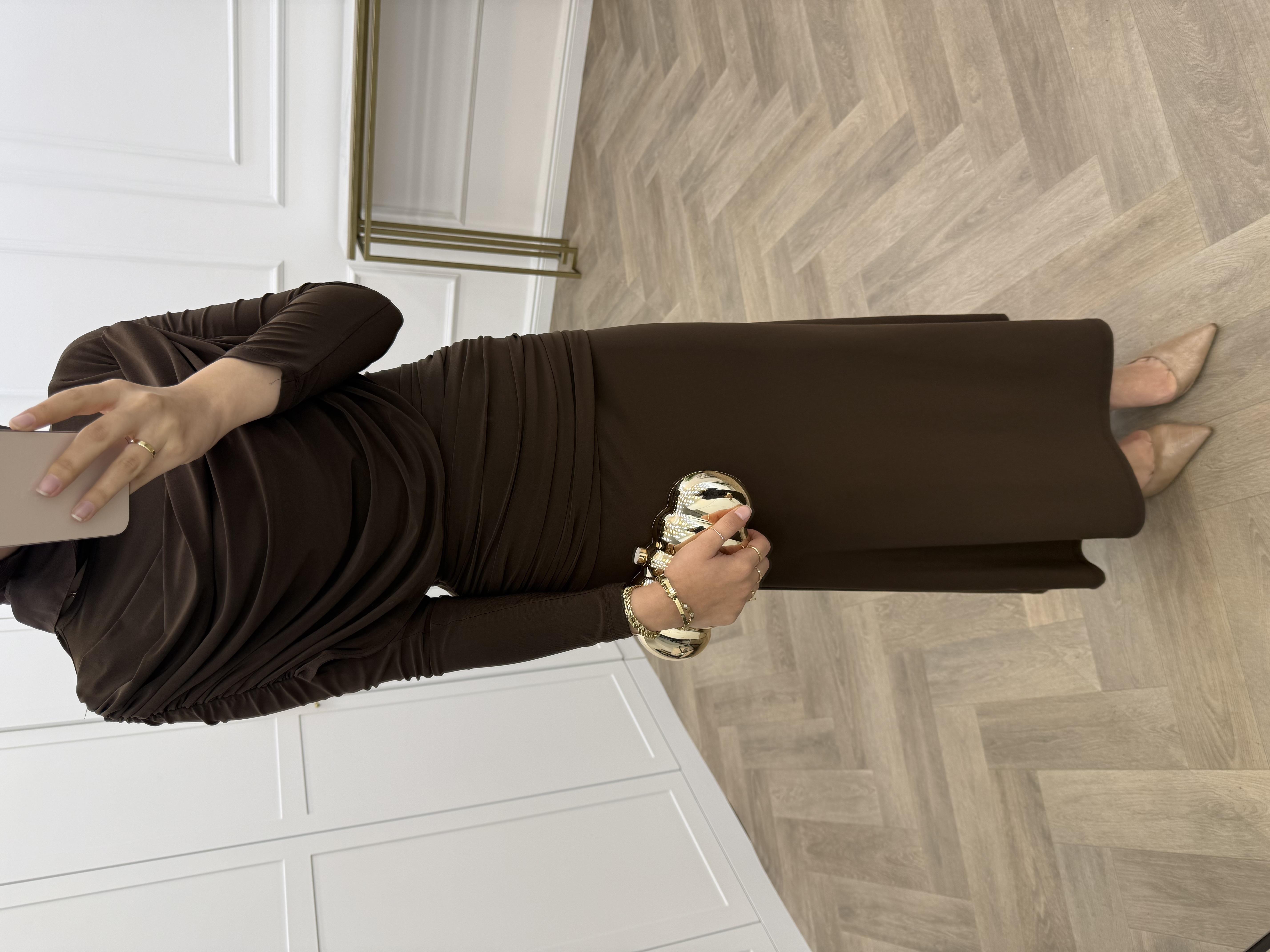 FARAH DEGAJE YAKA SANDY ELBİSE KAHVE