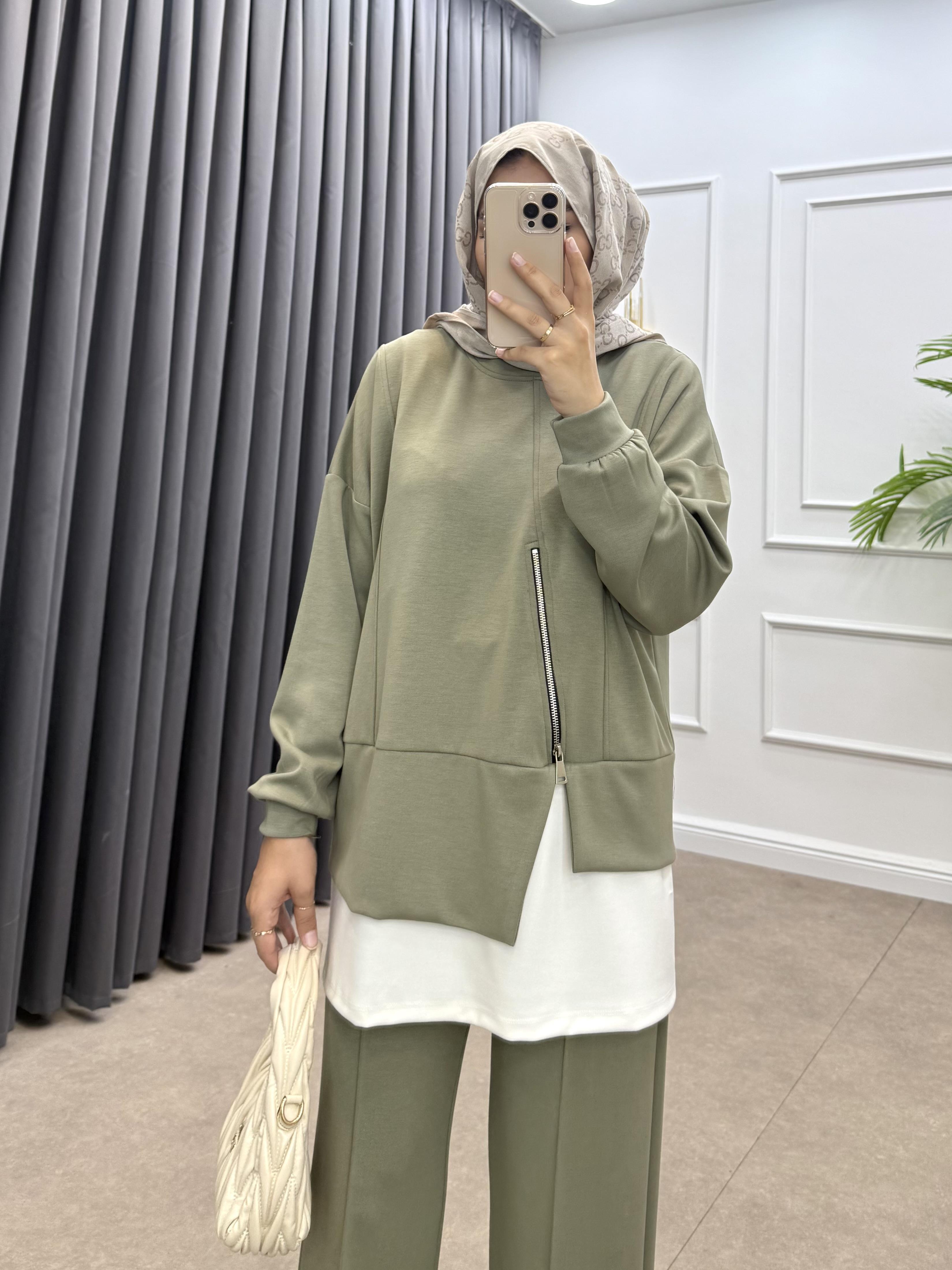 FERMUAR DETAYLI MODAL PANTOLONLU TAKIM HAKİ