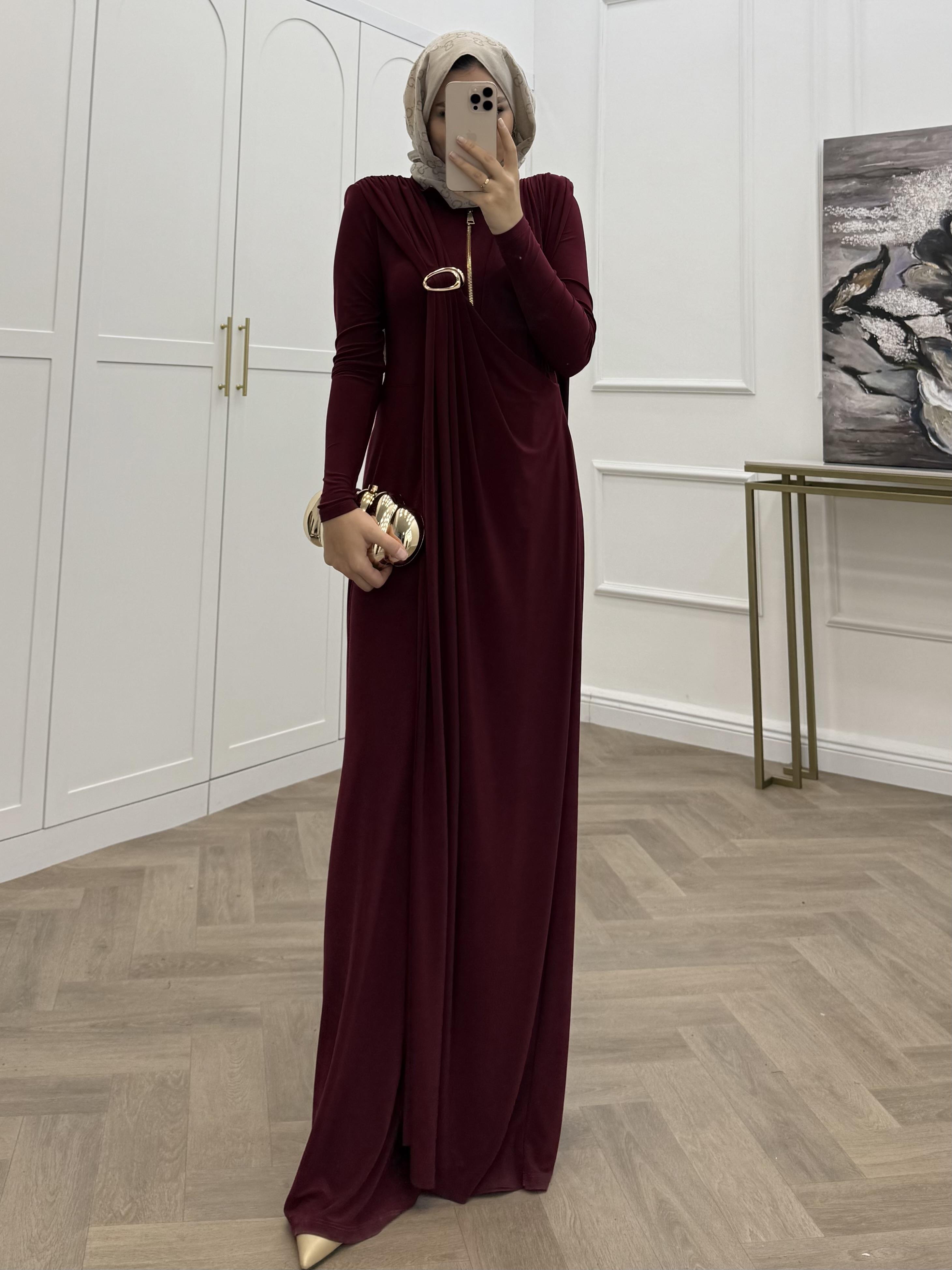 FERMUARLI SANDY ELBİSE BORDO