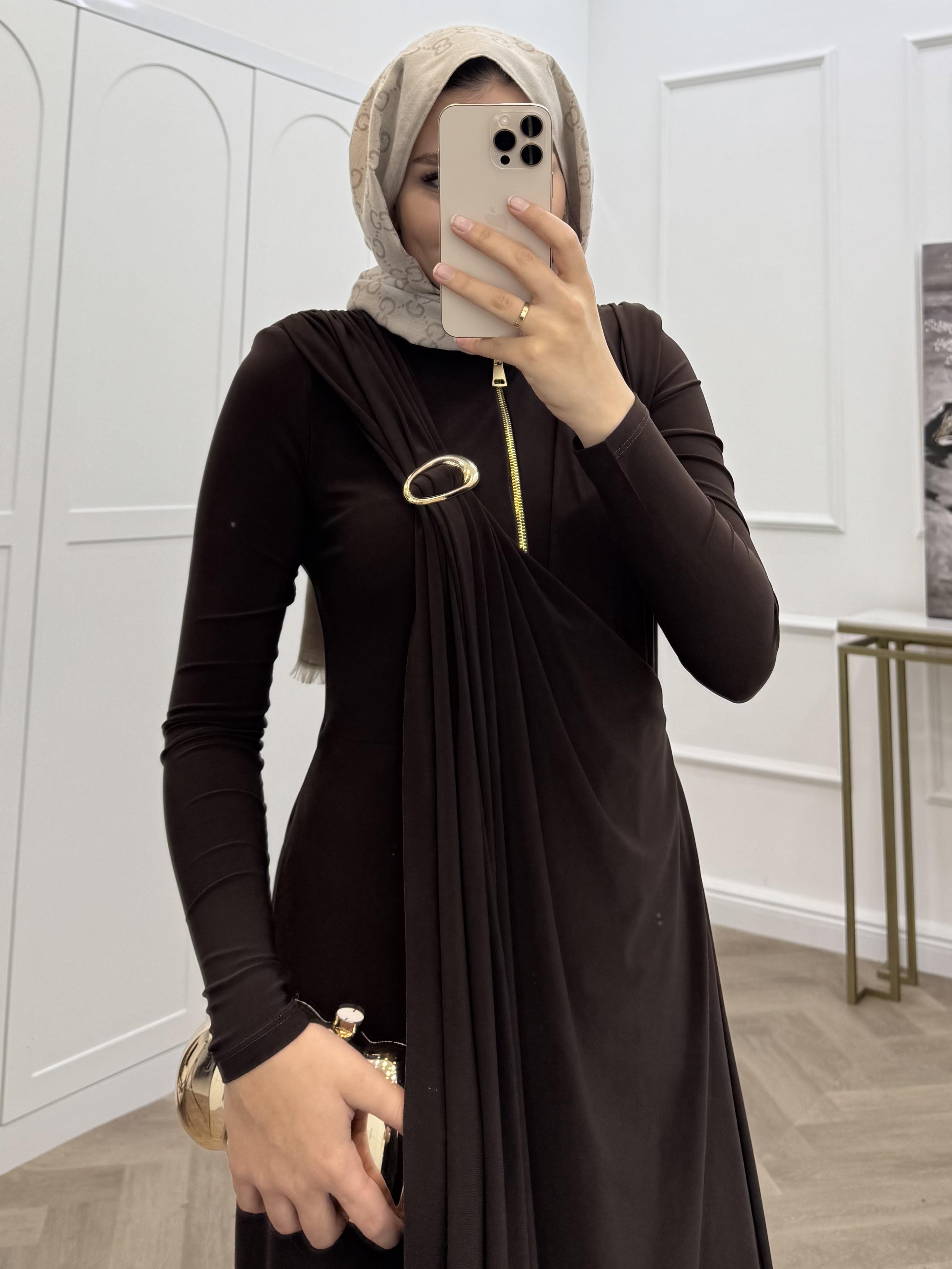 FERMUARLI SANDY ELBİSE KAHVE 