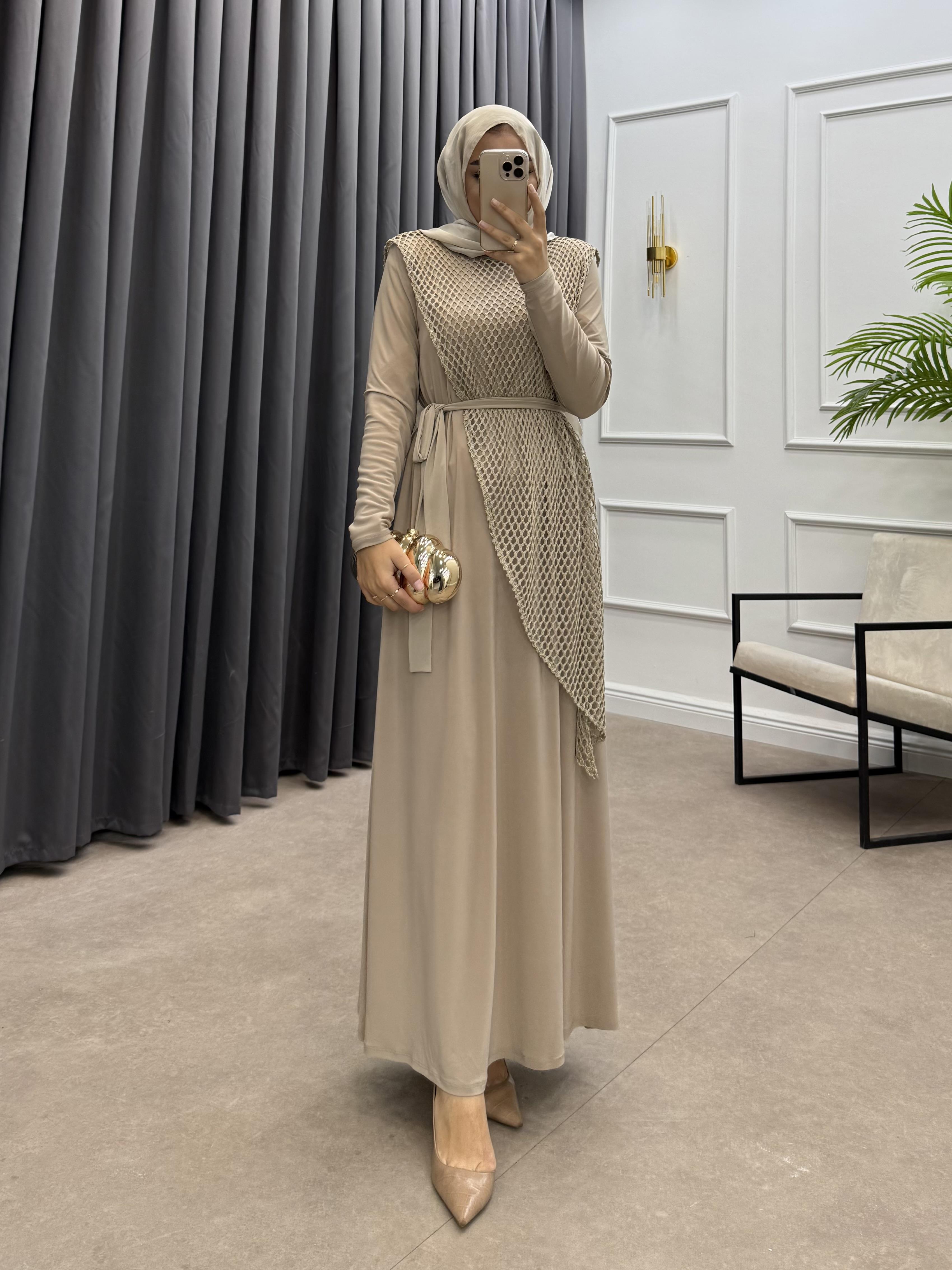 FİLE DETAY SANDY ELBİSE BEJ