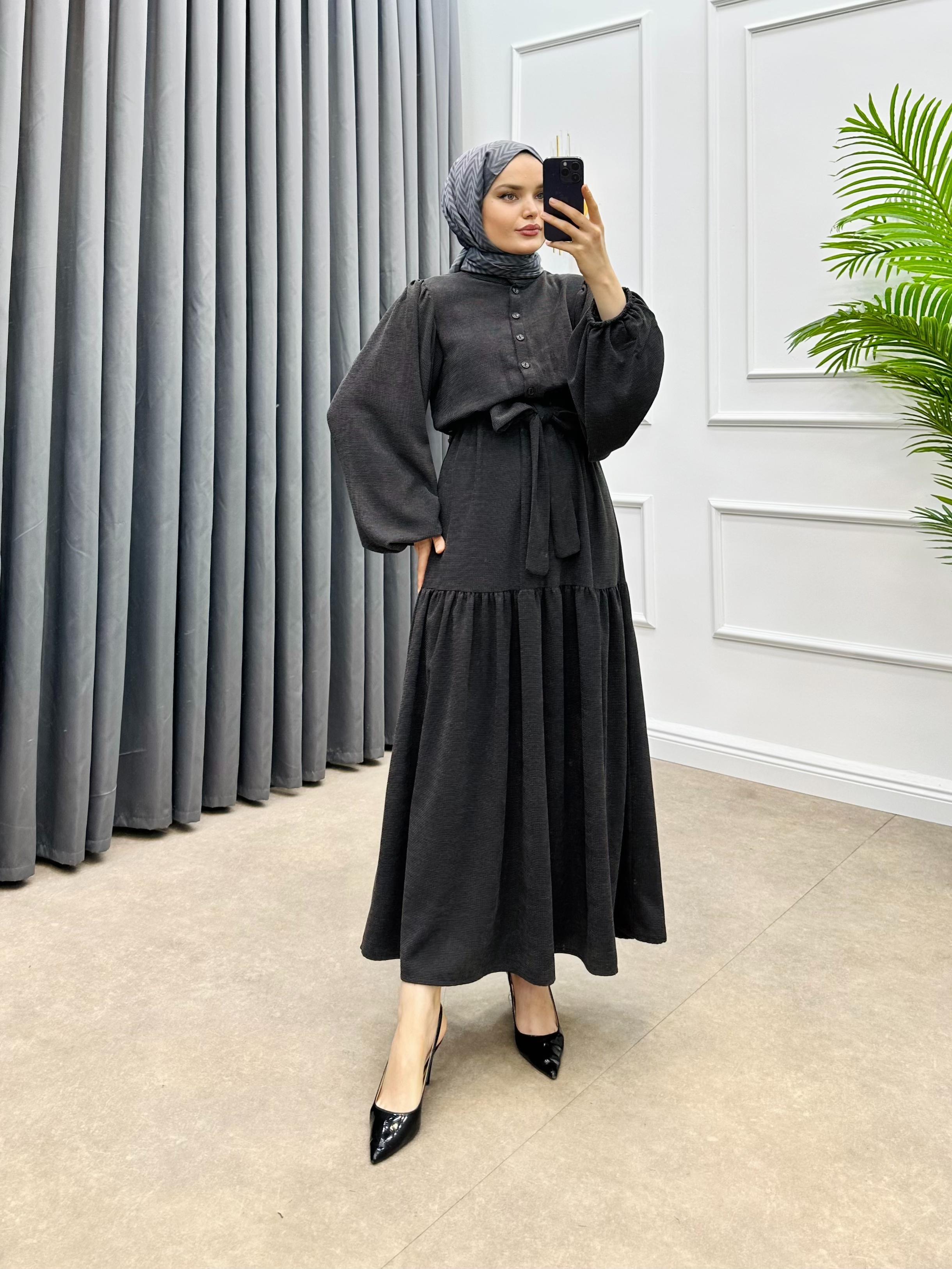 FİTİLLİ KADİFE ELBİSE ANTRASİT