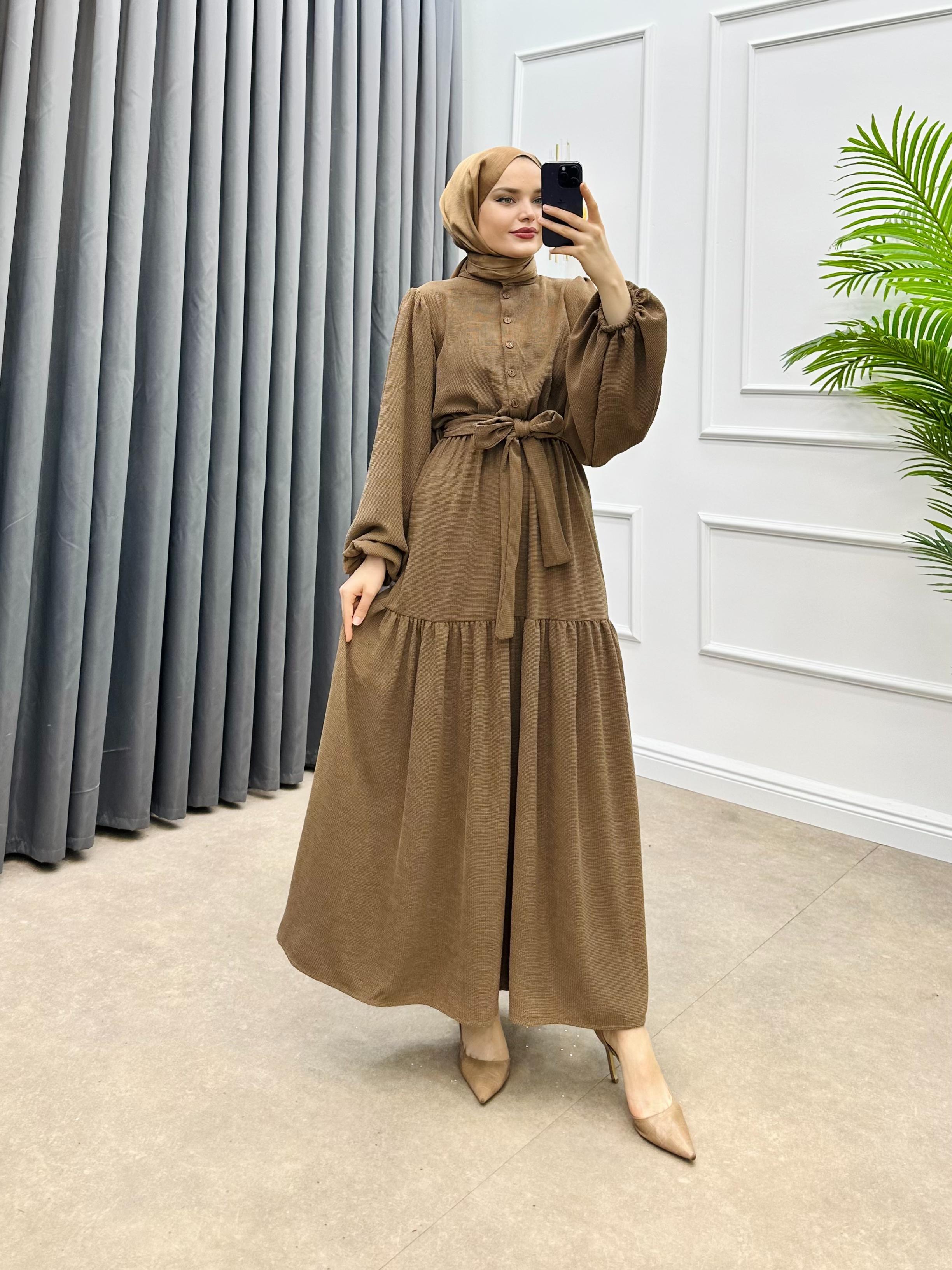 FİTİLLİ KADİFE ELBİSE KAHVE