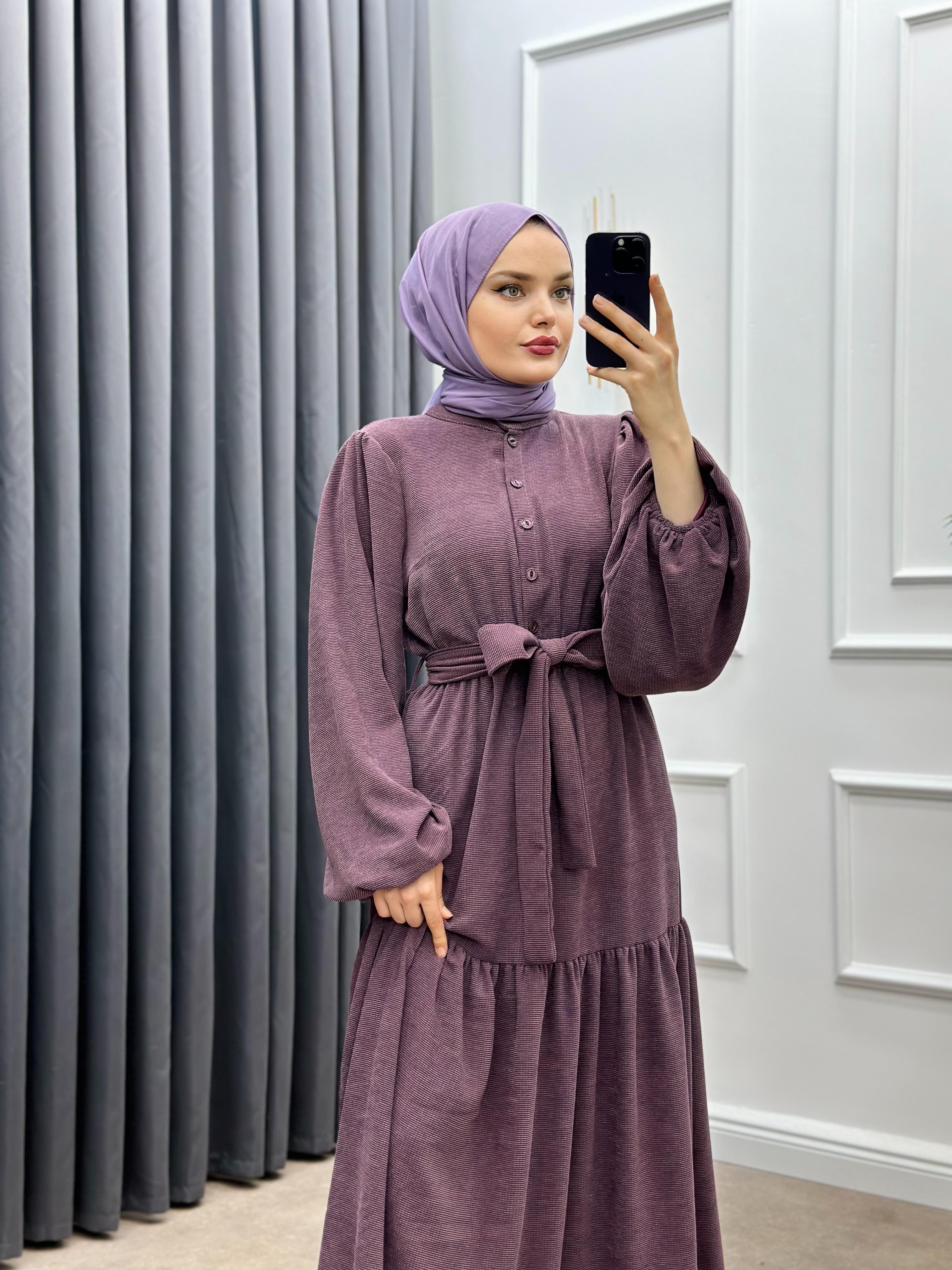 FİTİLLİ KADİFE ELBİSE MÜRDÜM