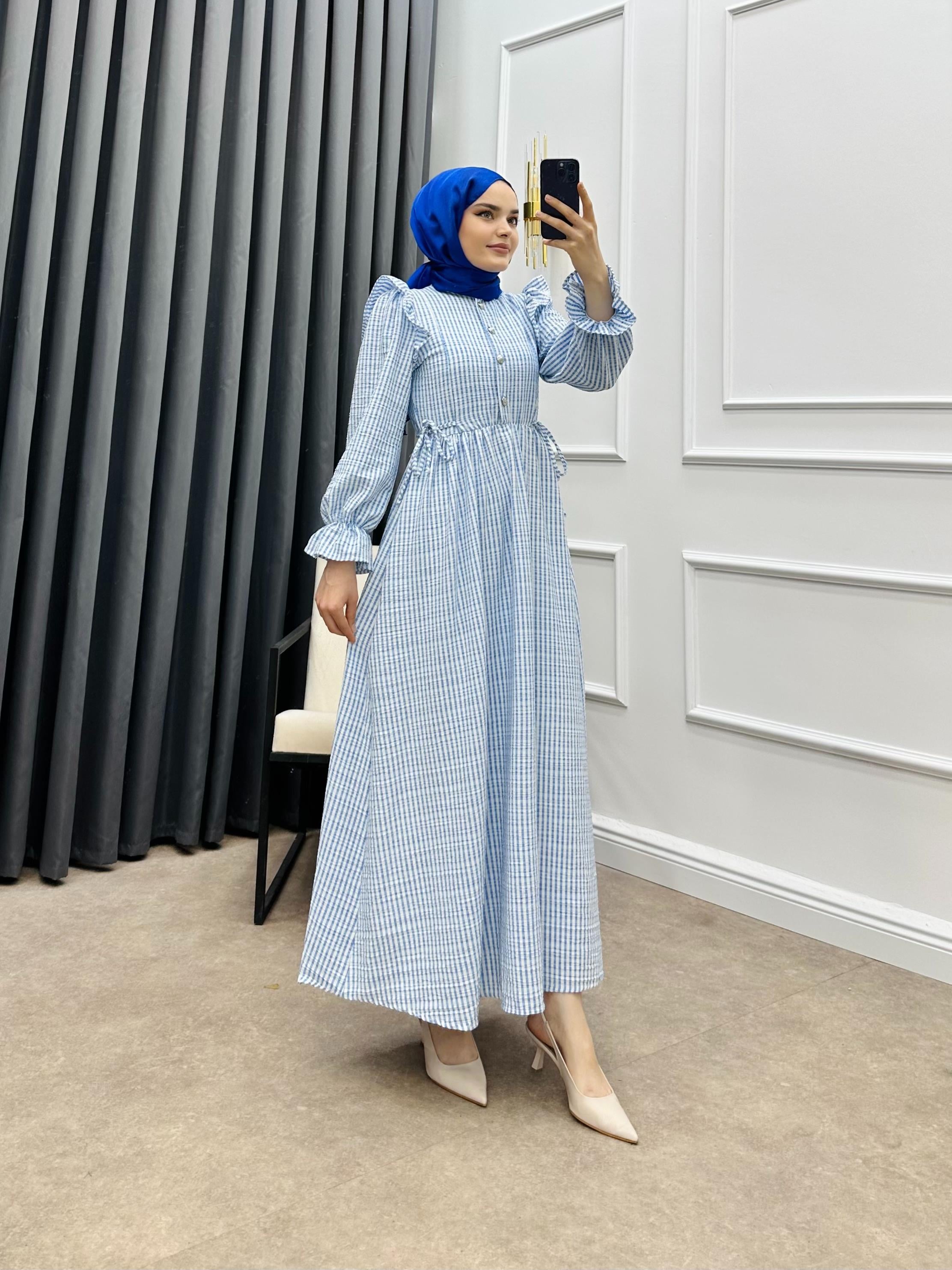 GOFRE ÇİZGİLİ ELBİSE MAVİ