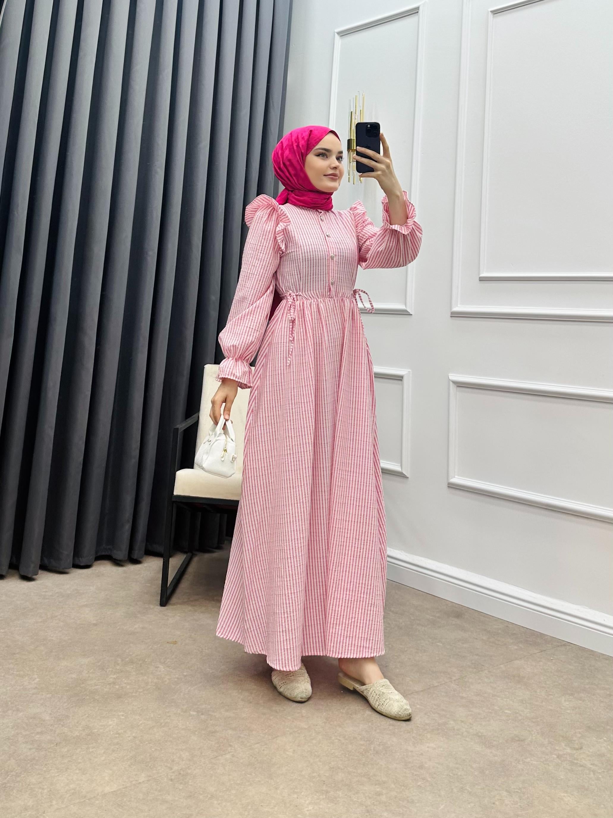 GOFRE ÇİZGİLİ ELBİSE PEMBE