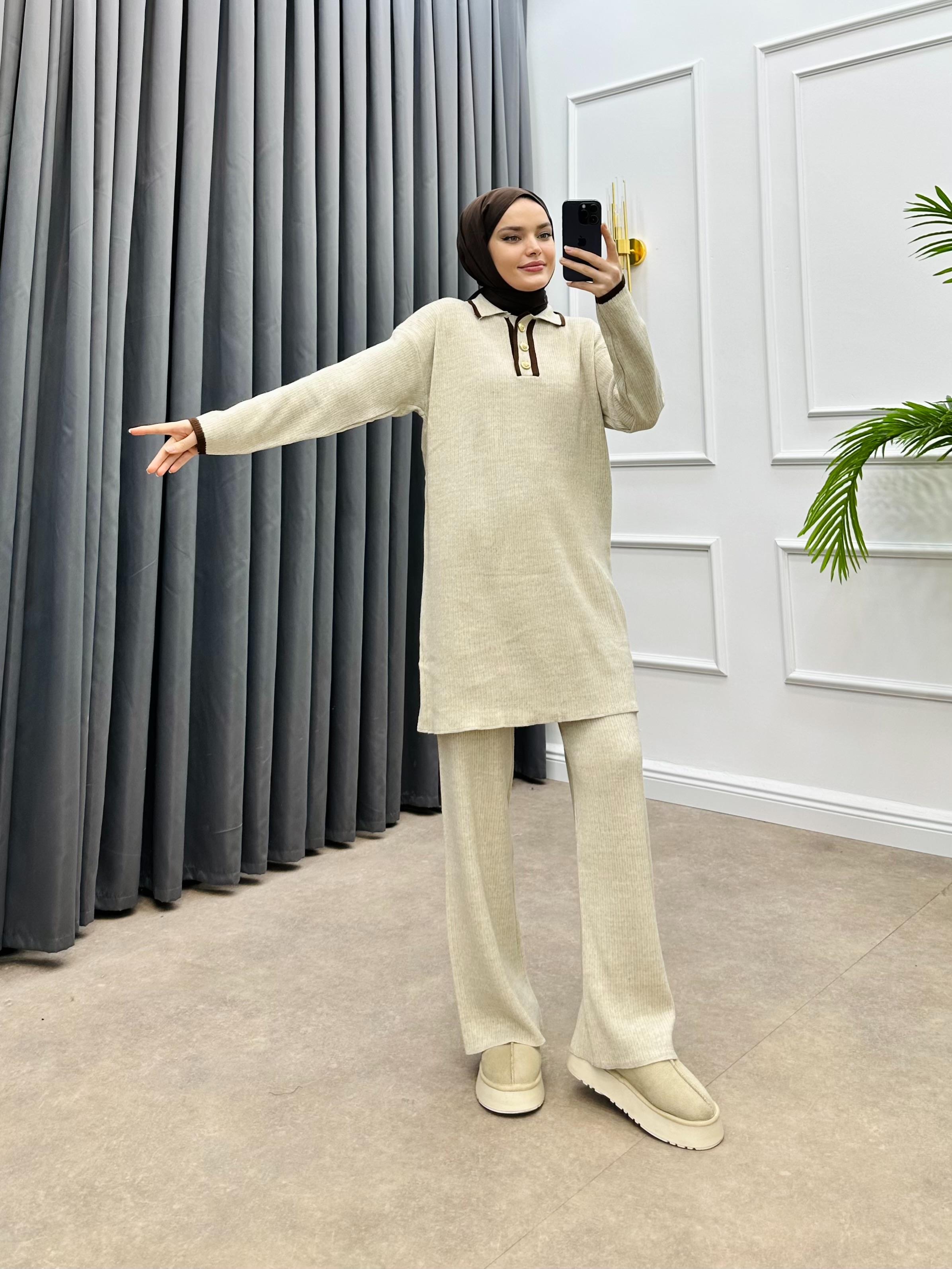 GOLD DÜĞME DETAYLI TRİKO TAKIM KREM