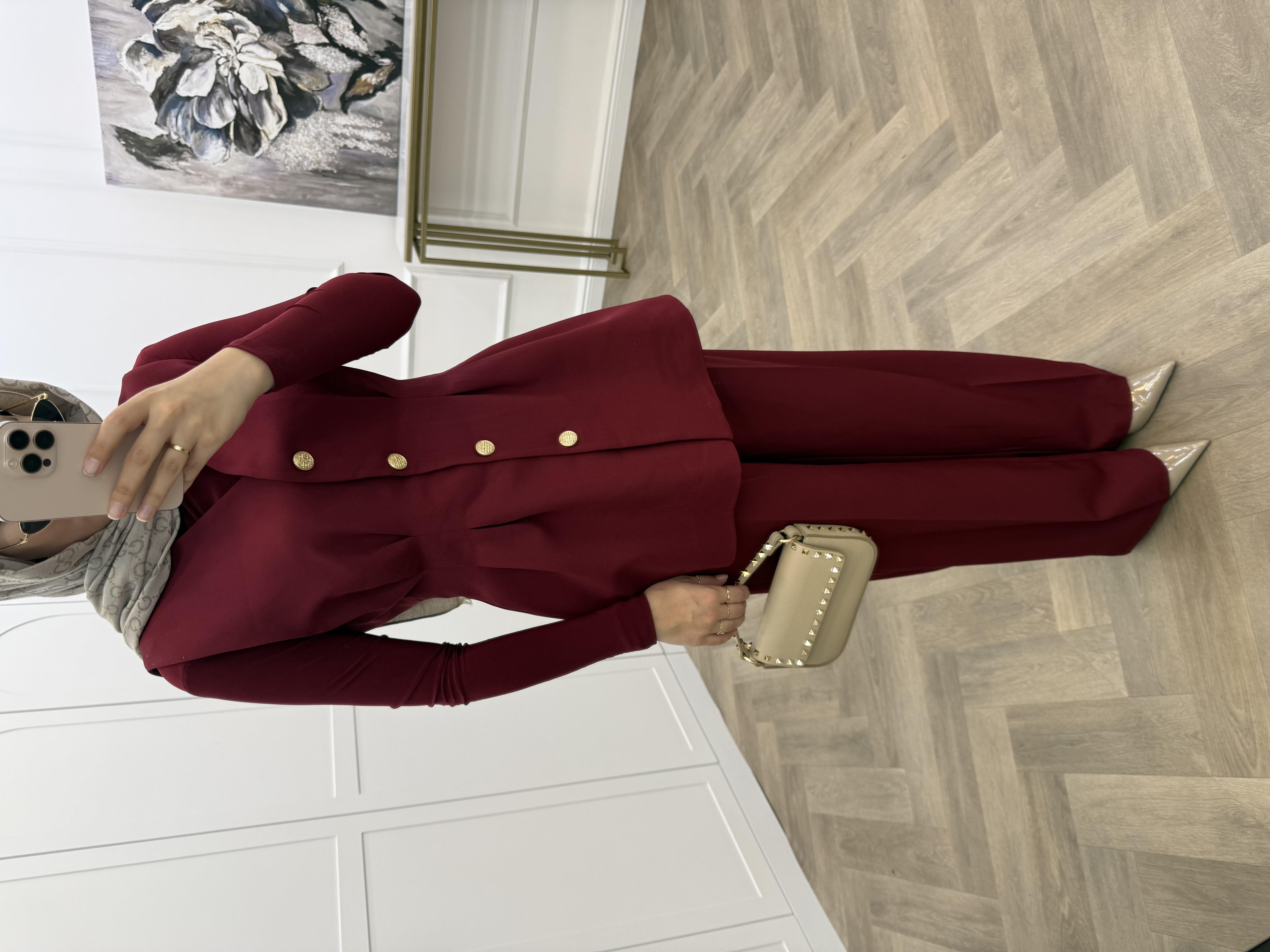 GOLD DÜĞMELİ BASİC YELEKLİ TAKIM BORDO