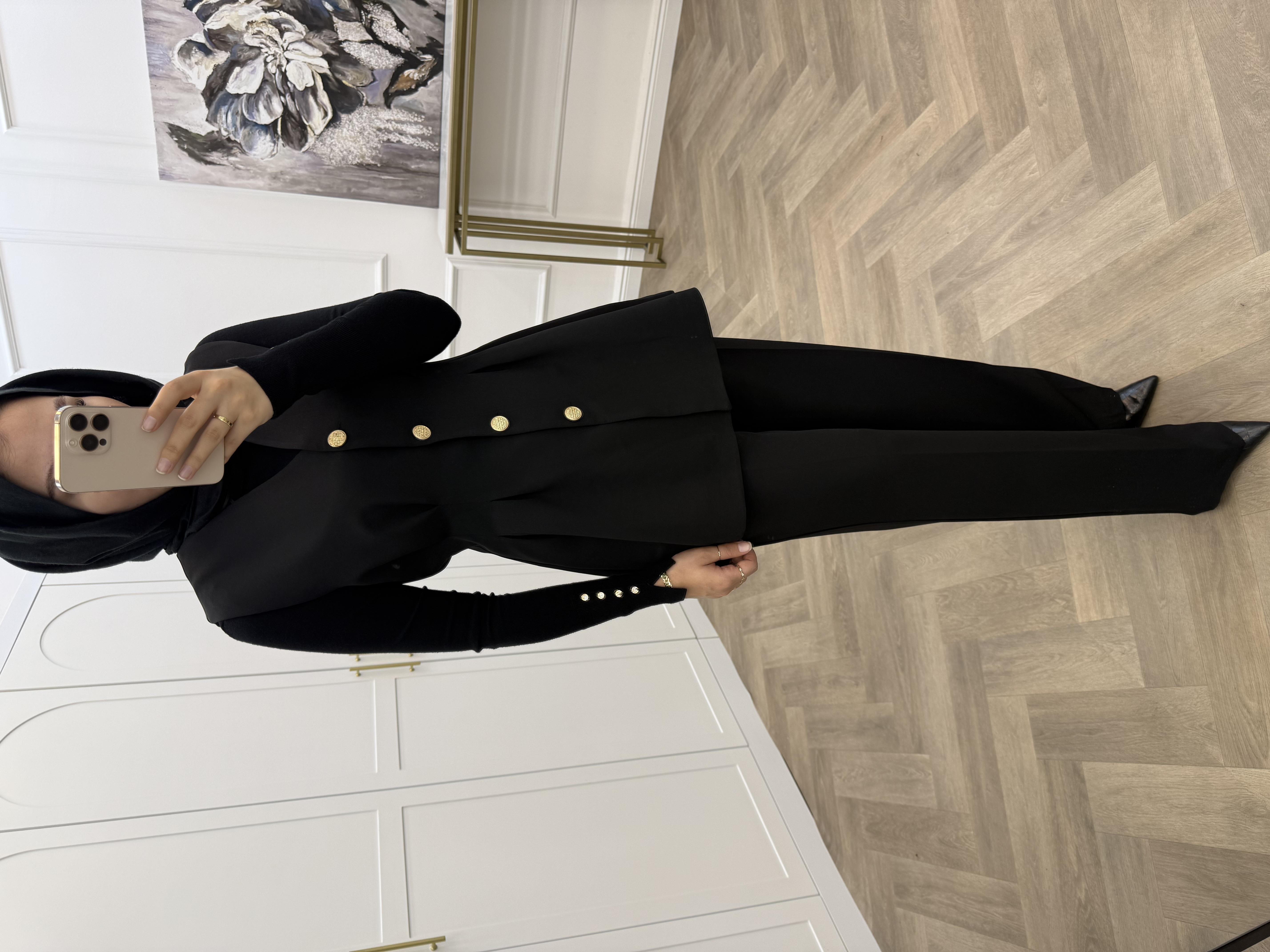 GOLD DÜĞMELİ BASİC YELEKLİ TAKIM SİYAH