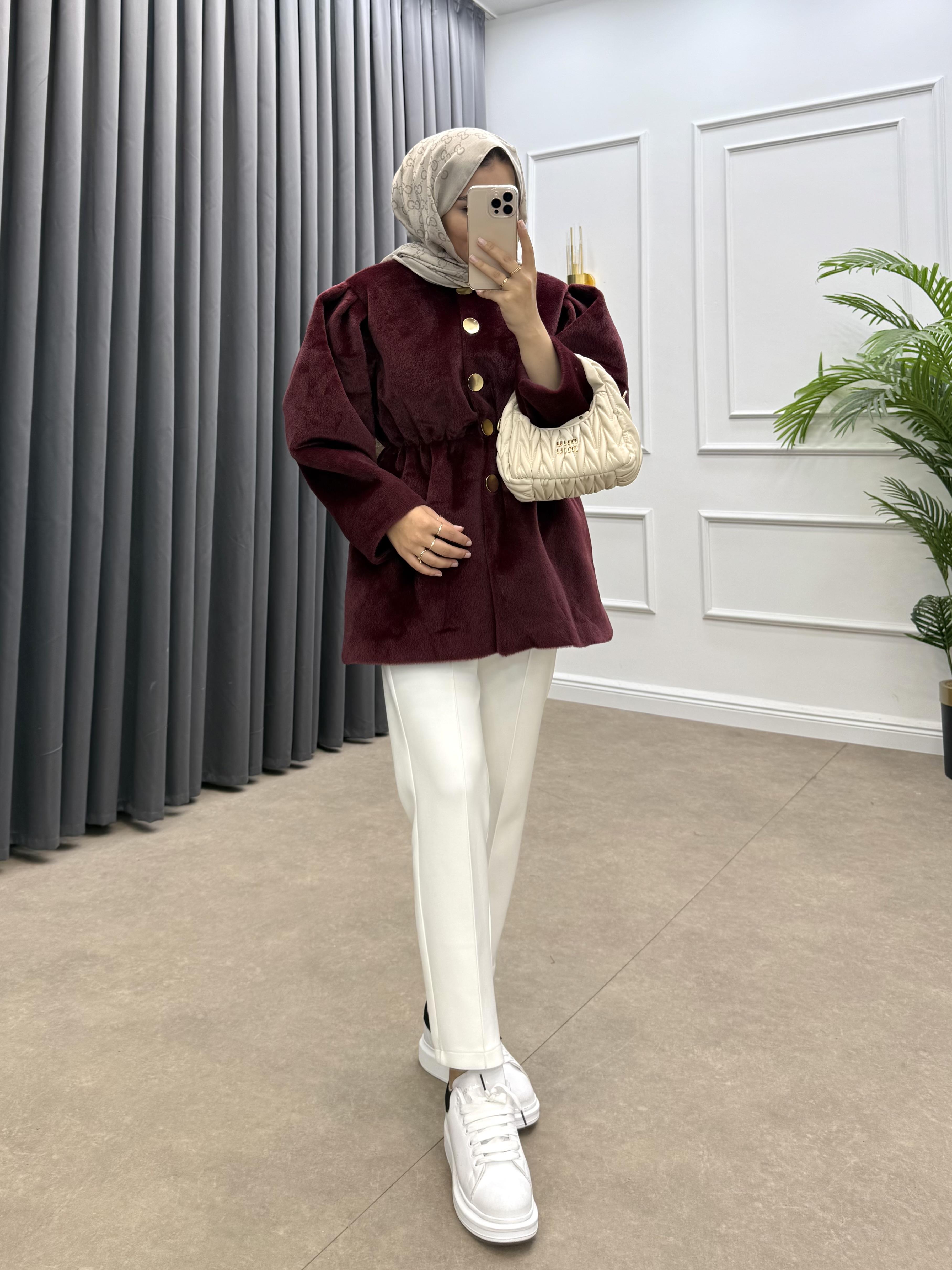 GOLD DÜĞMELİ BELİ LASTİKLİ CEKET BORDO