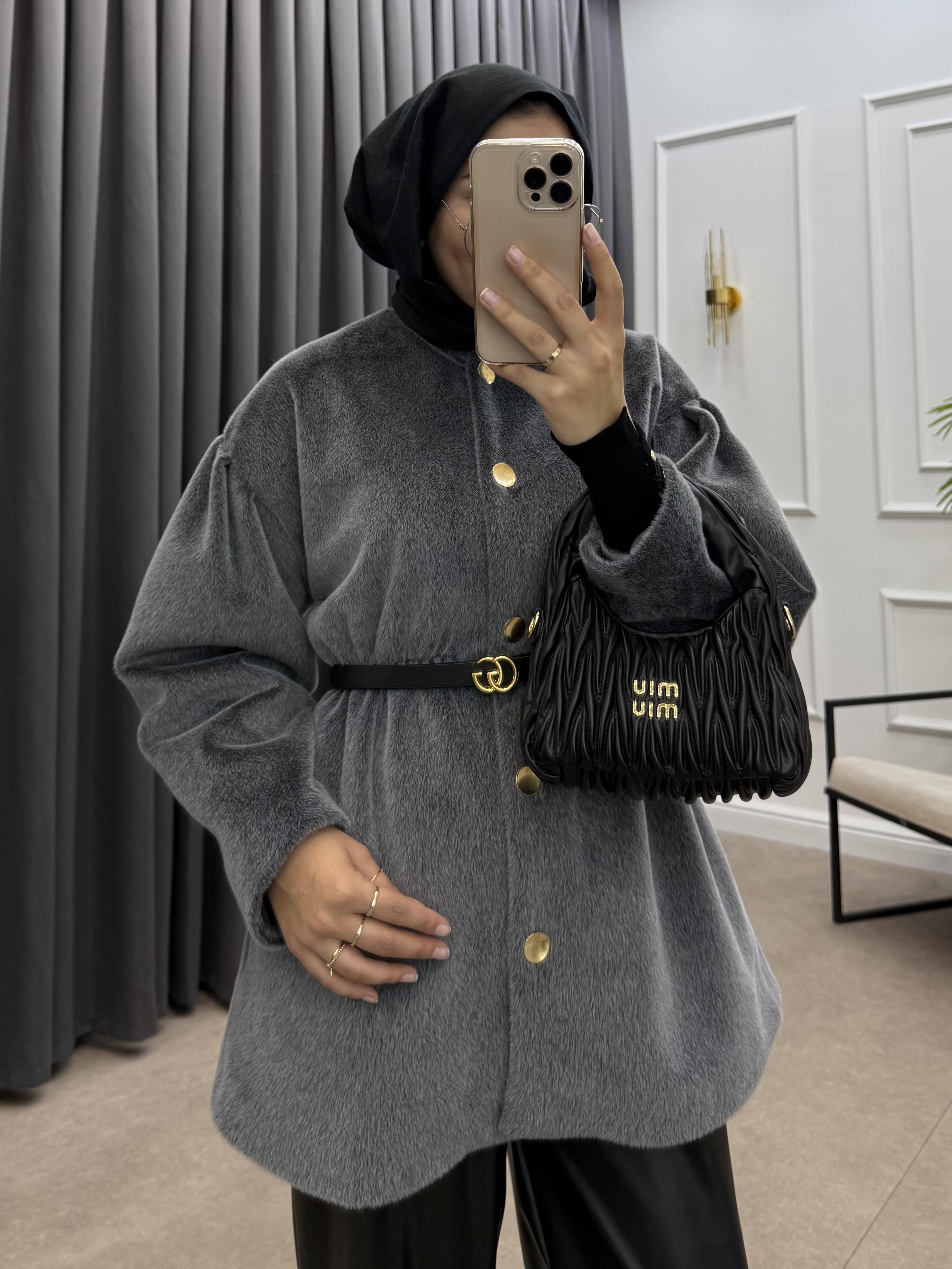 GOLD DÜĞMELİ BELİ LASTİKLİ CEKET GRİ