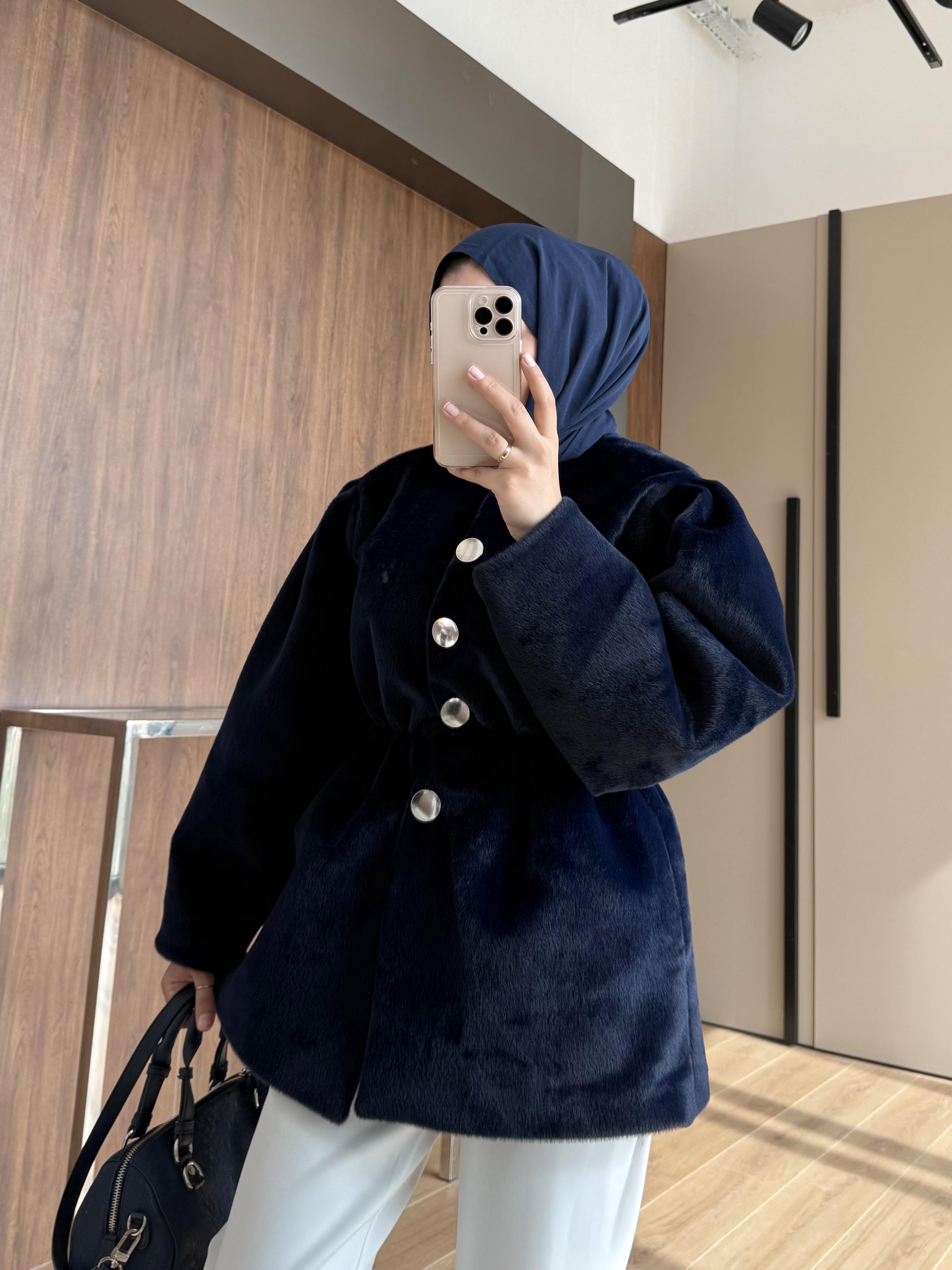 GOLD DÜĞMELİ BELİ LASTİKLİ CEKET LACİVERT