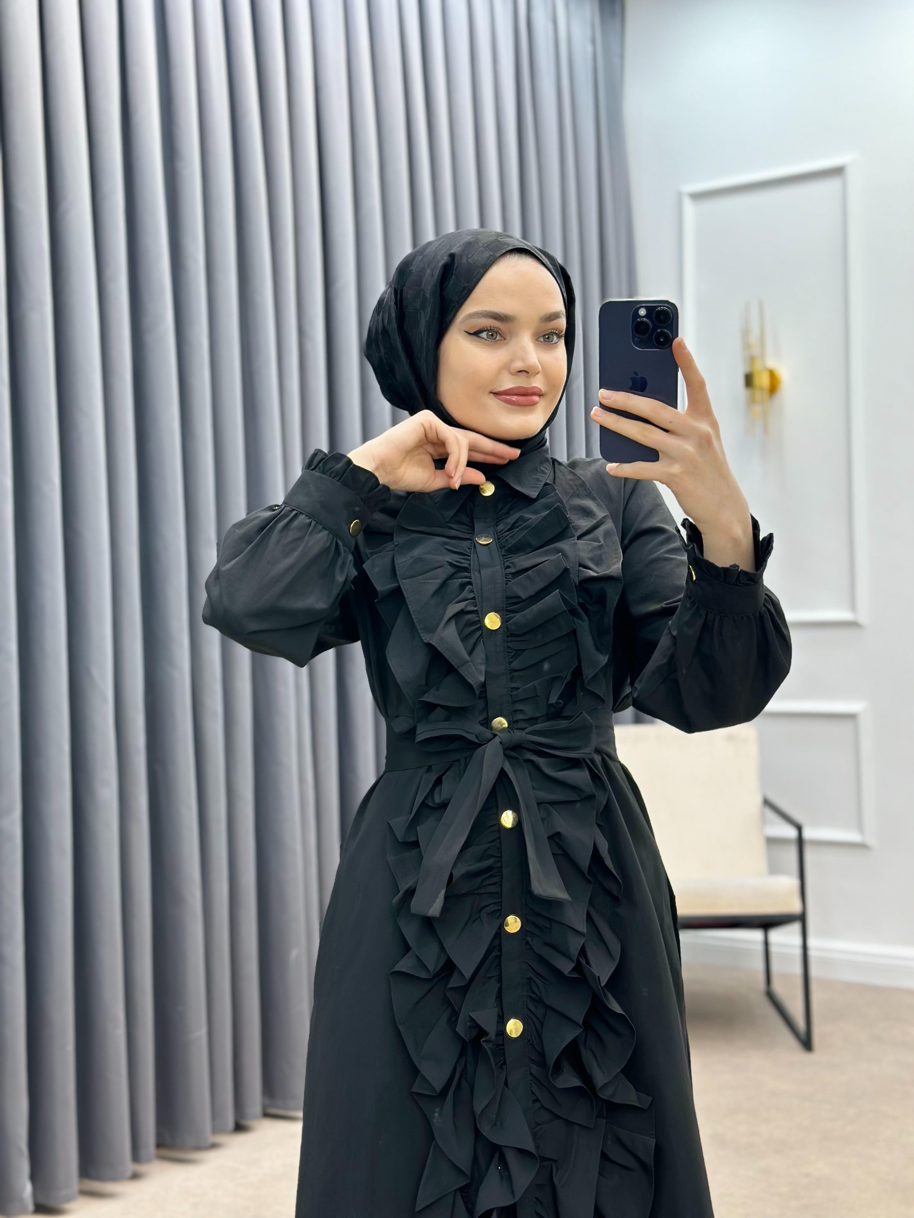 GOLD DÜĞMELİ COTTON ELBİSE SİYAH