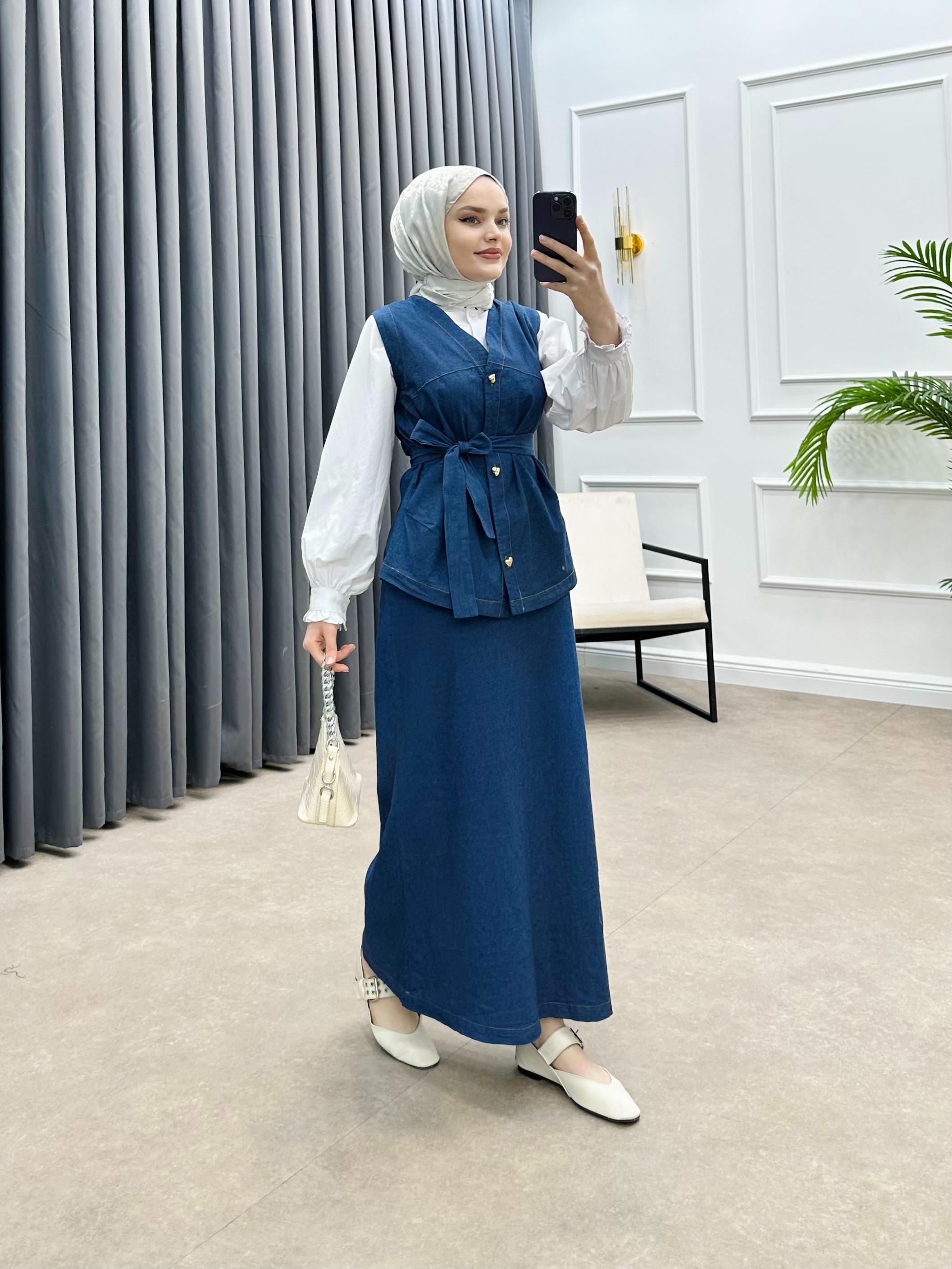 GOLD DÜĞMELİ ETEKLİ DENİM TAKIM MAVİ