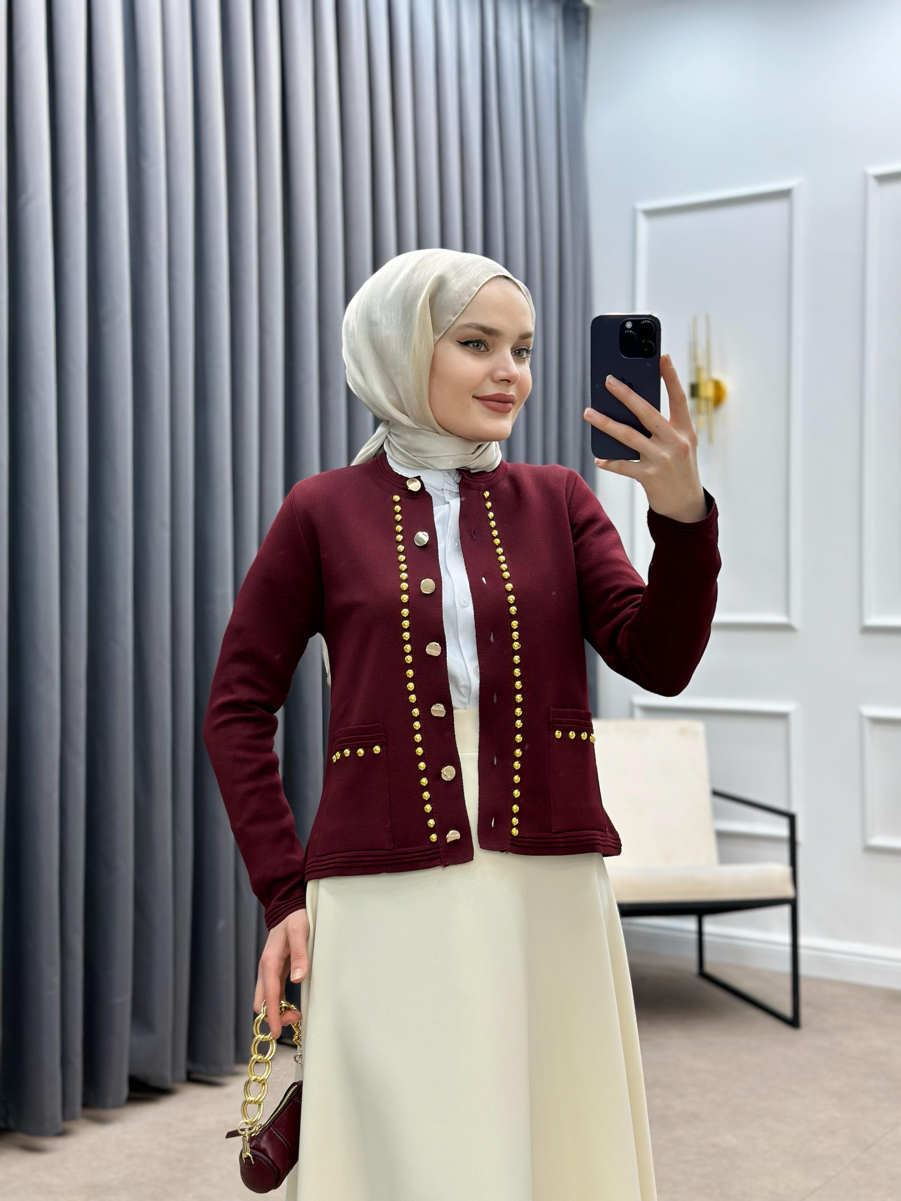 GOLD DÜĞMELİ MERSERİZE HIRKA  BORDO