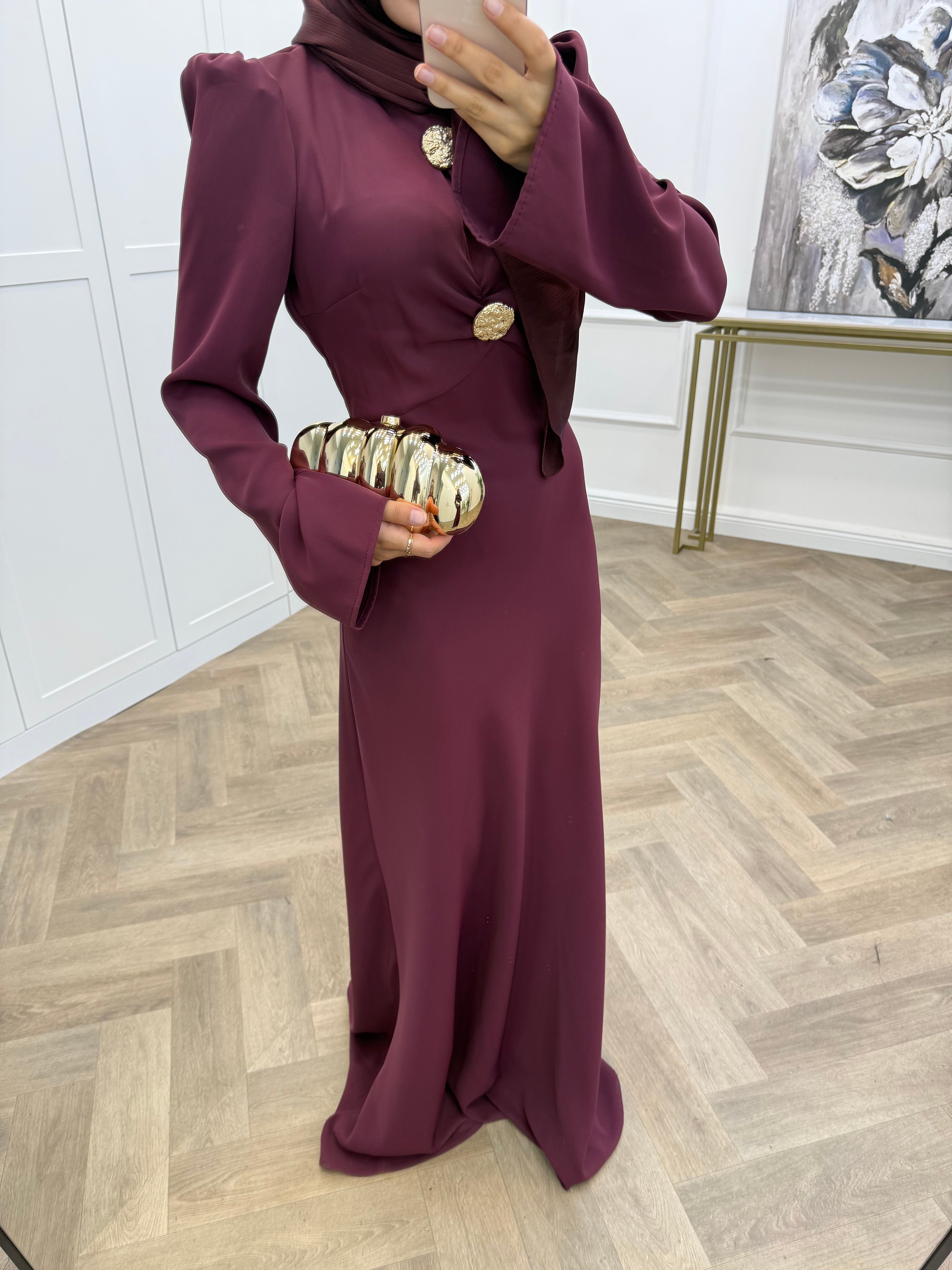 GOLD DÜĞMELİ SATEN ELBİSE BORDO
