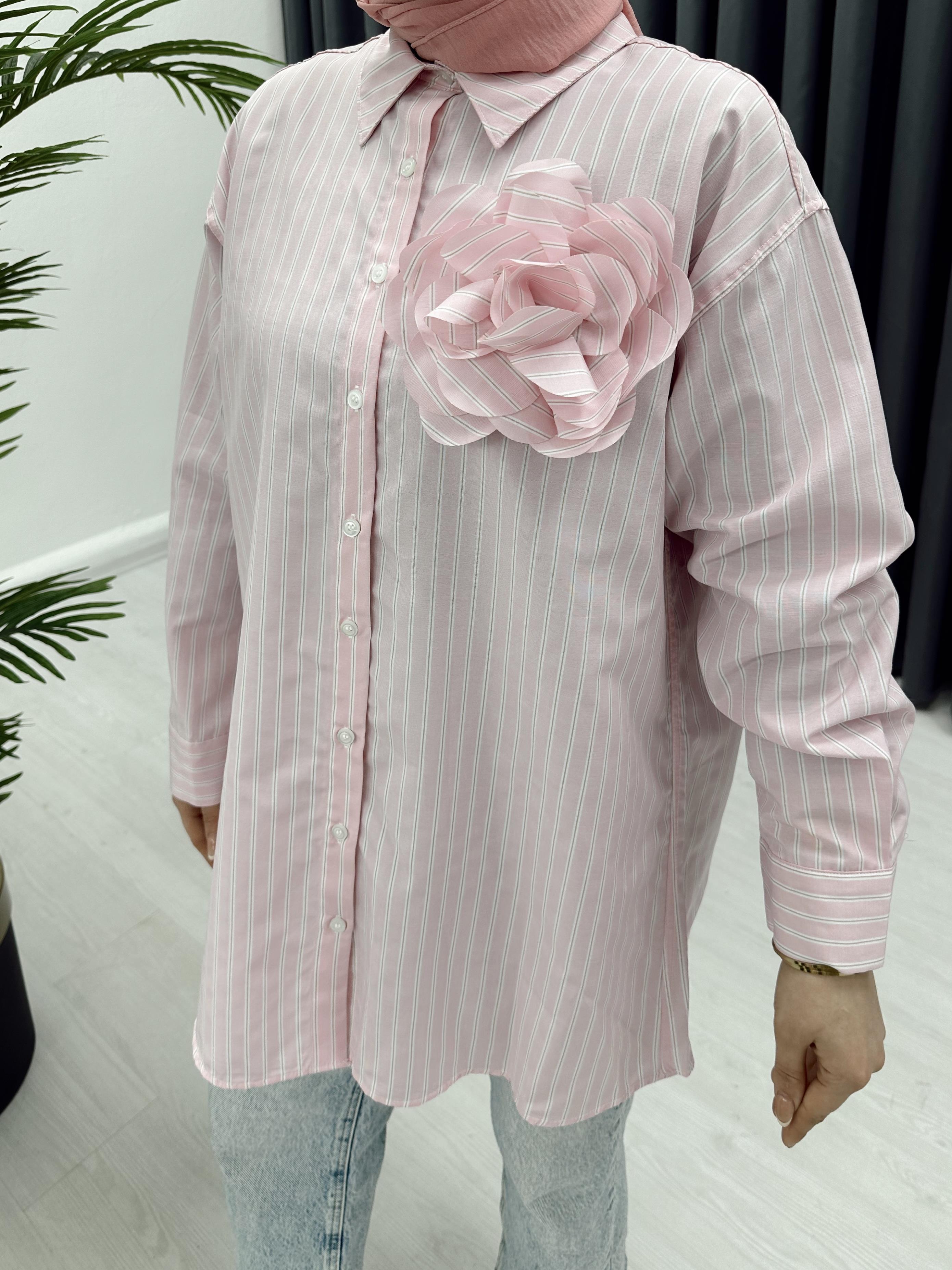 GÜL DETAY ÇİZGİLİ GÖMLEK PEMBE