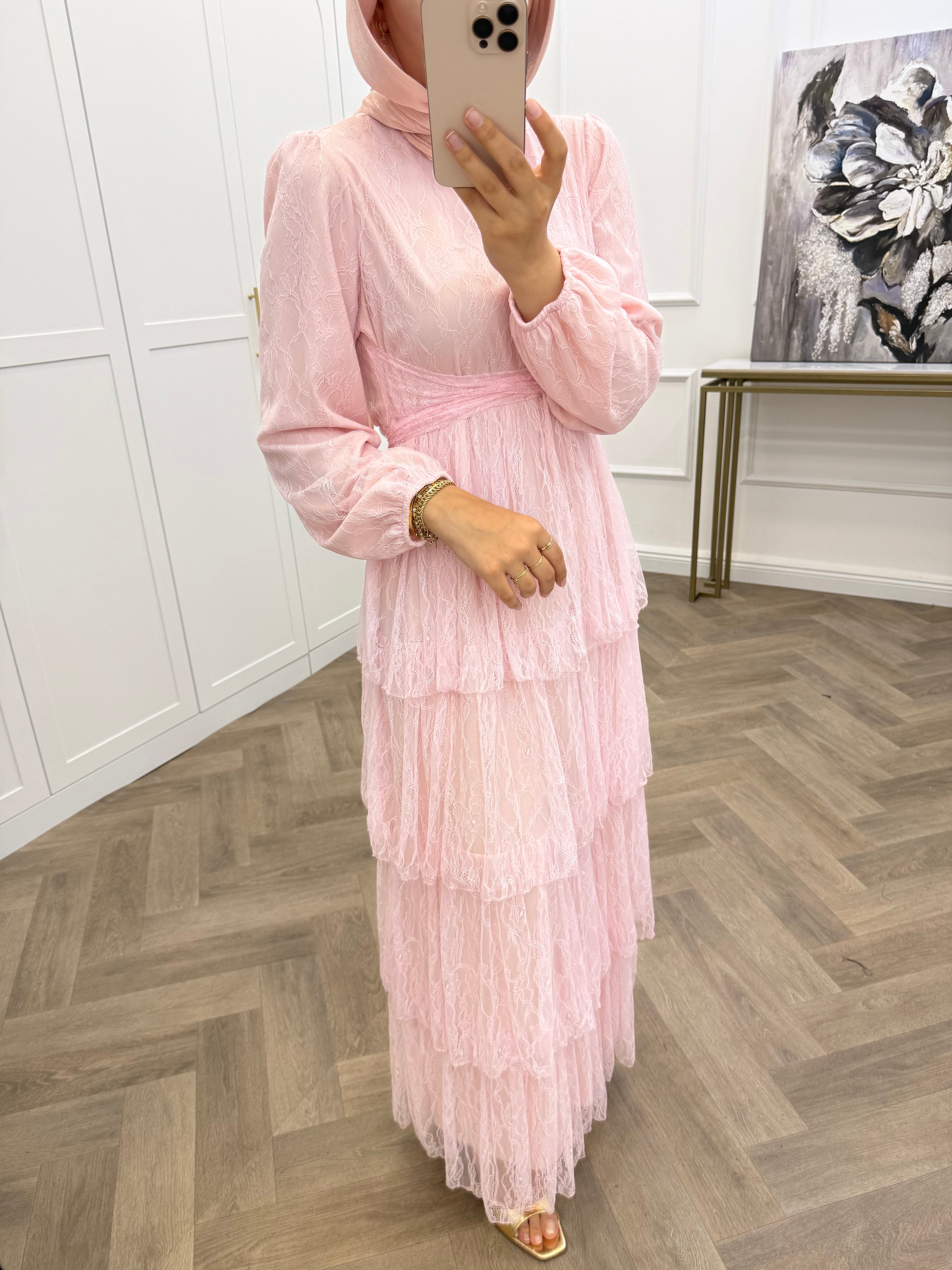 GÜPÜR KATLI ELBİSE PEMBE
