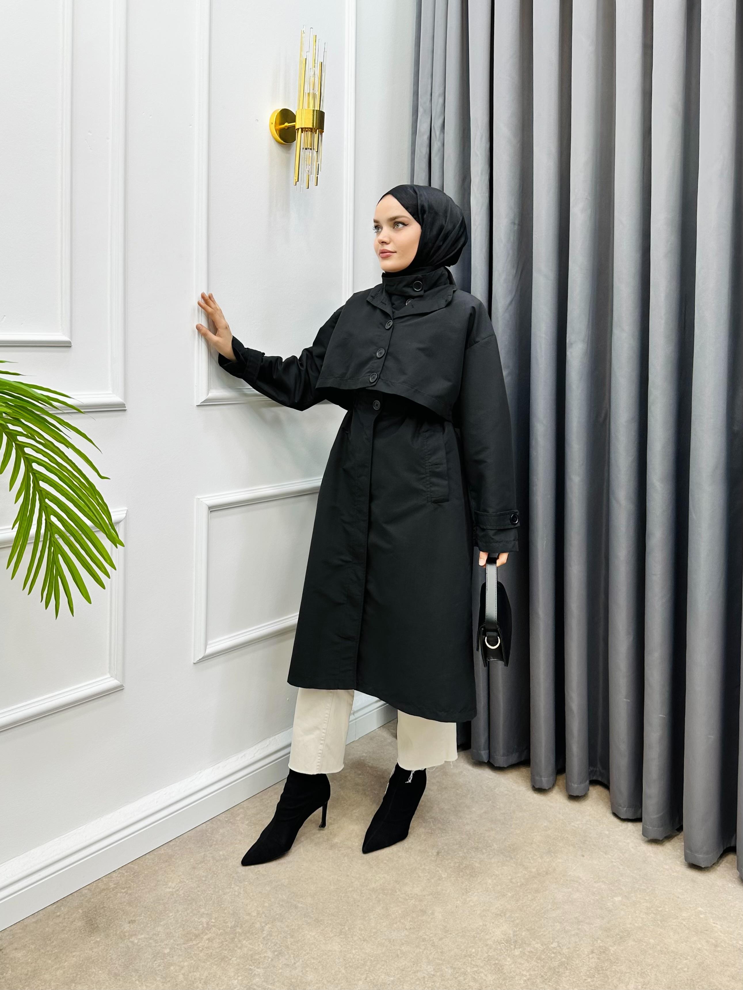 İKİLİ TRENÇKOT SİYAH