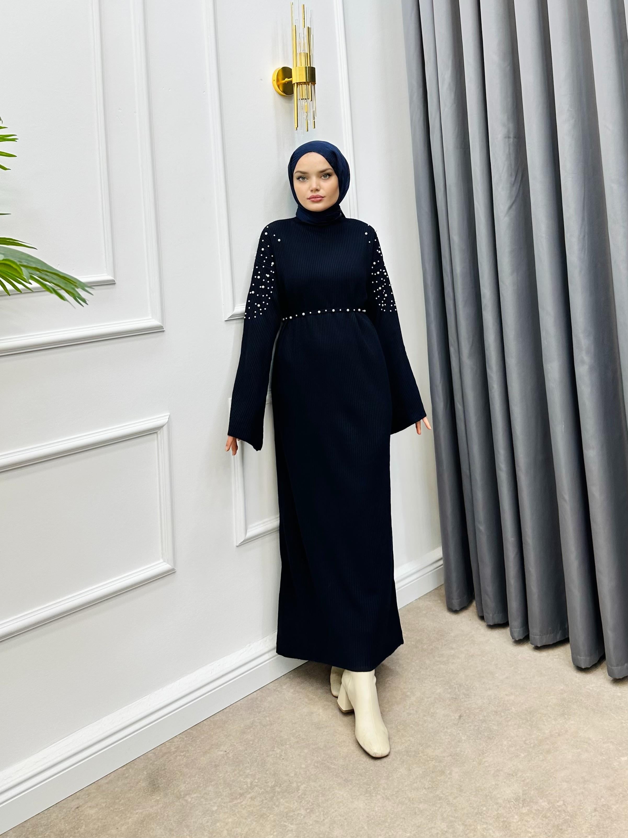 İNCİ DETAYLI TRİKO ELBİSE LACİVERT