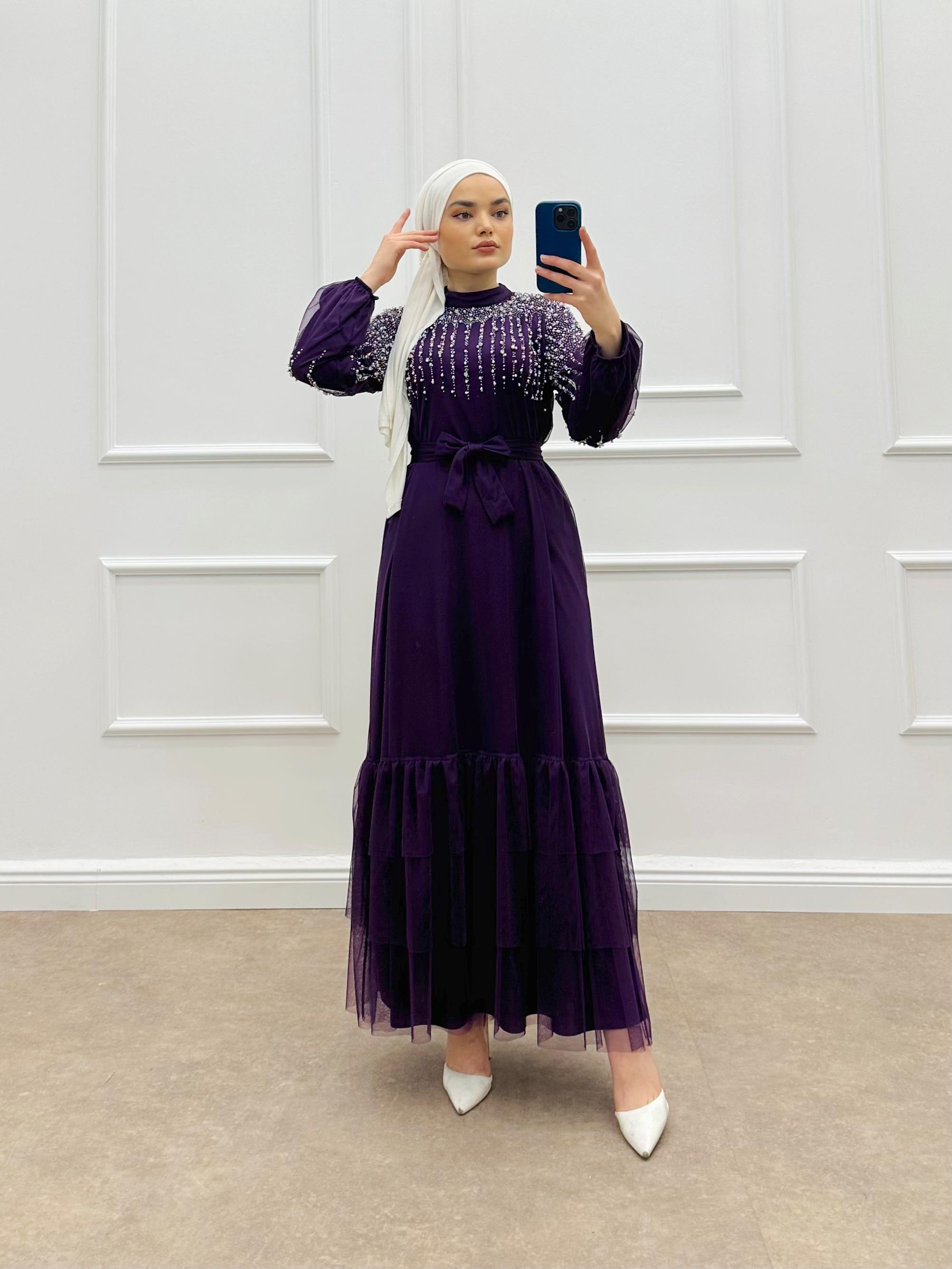 İNCİ DETAYLI TÜL ELBİSE MOR