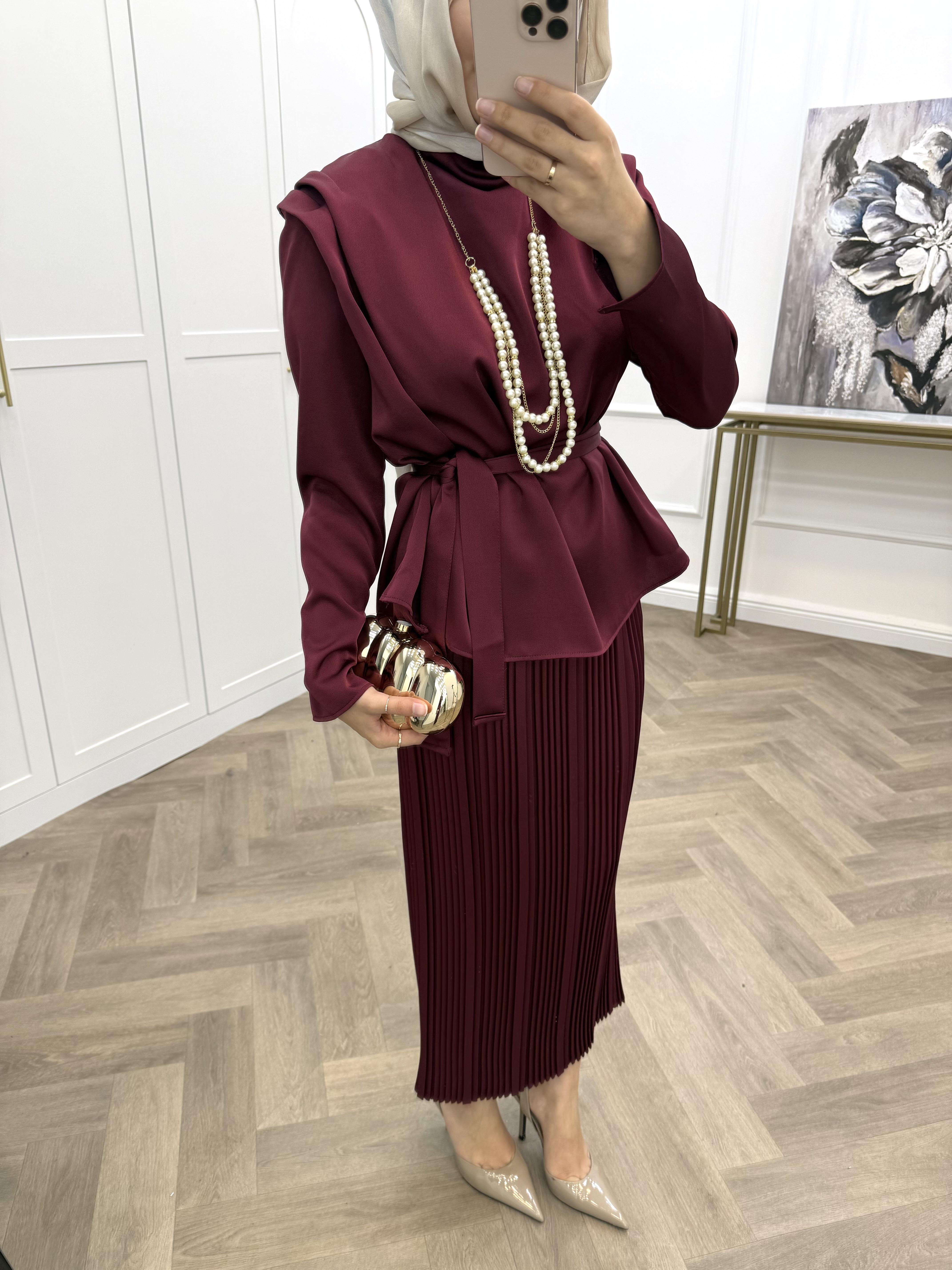 İNCİ KOLYELİ PİLİSELİ TAKIM BORDO