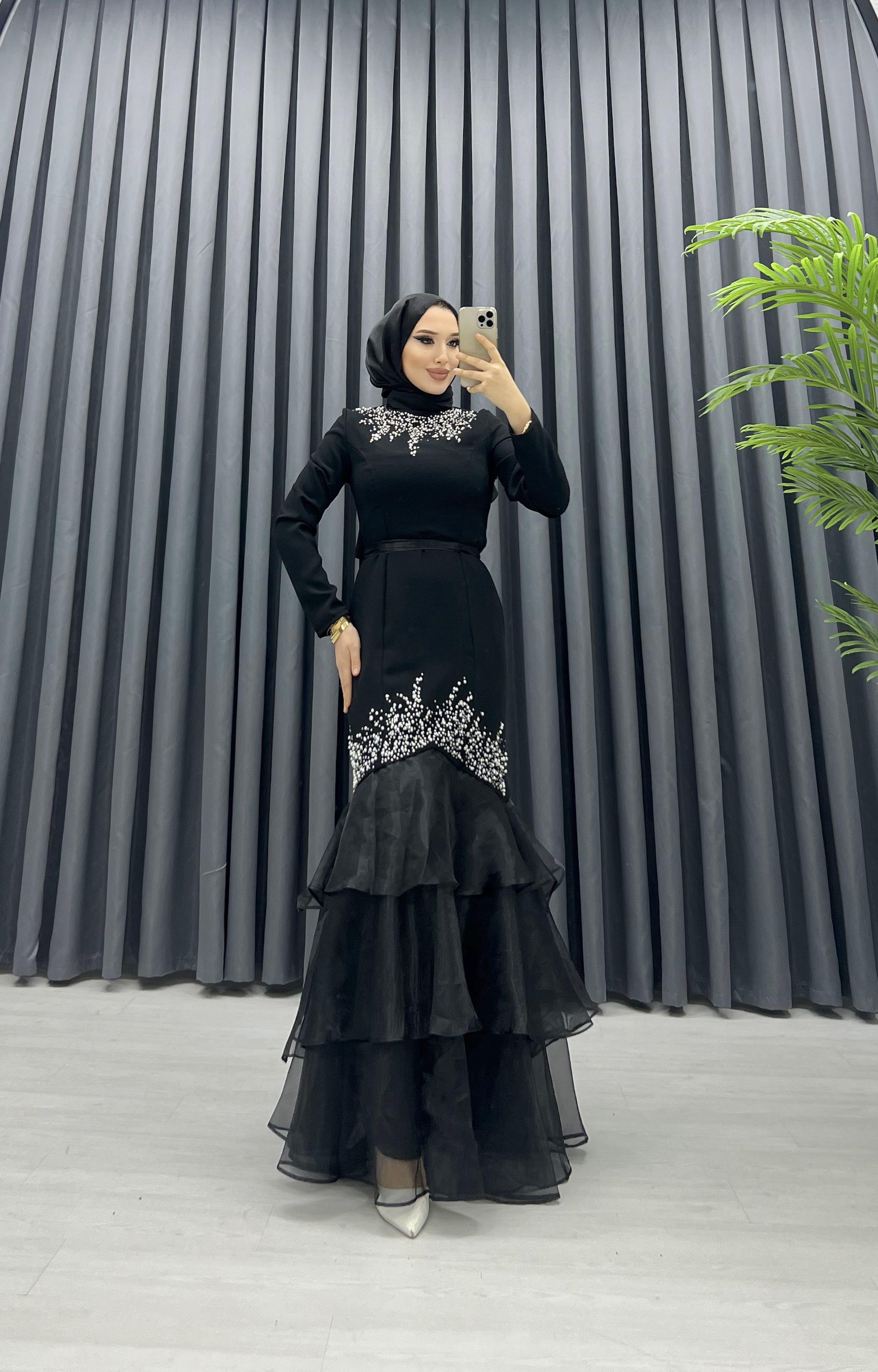 İNCİ ORGANZE DETAY ABİYE SİYAH