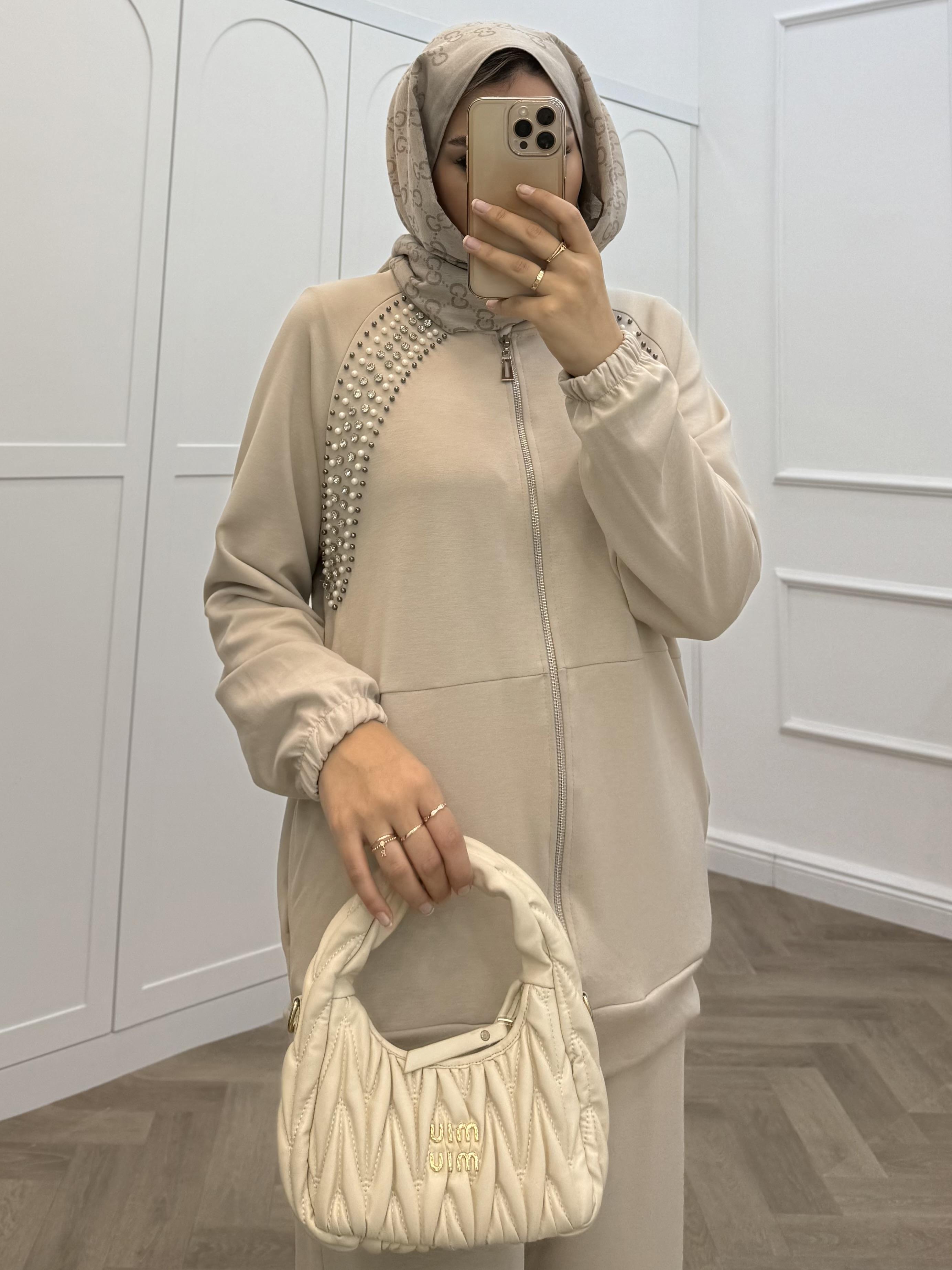 İNCİLİ OYSHO PANTOLONLU TAKIM BEJ