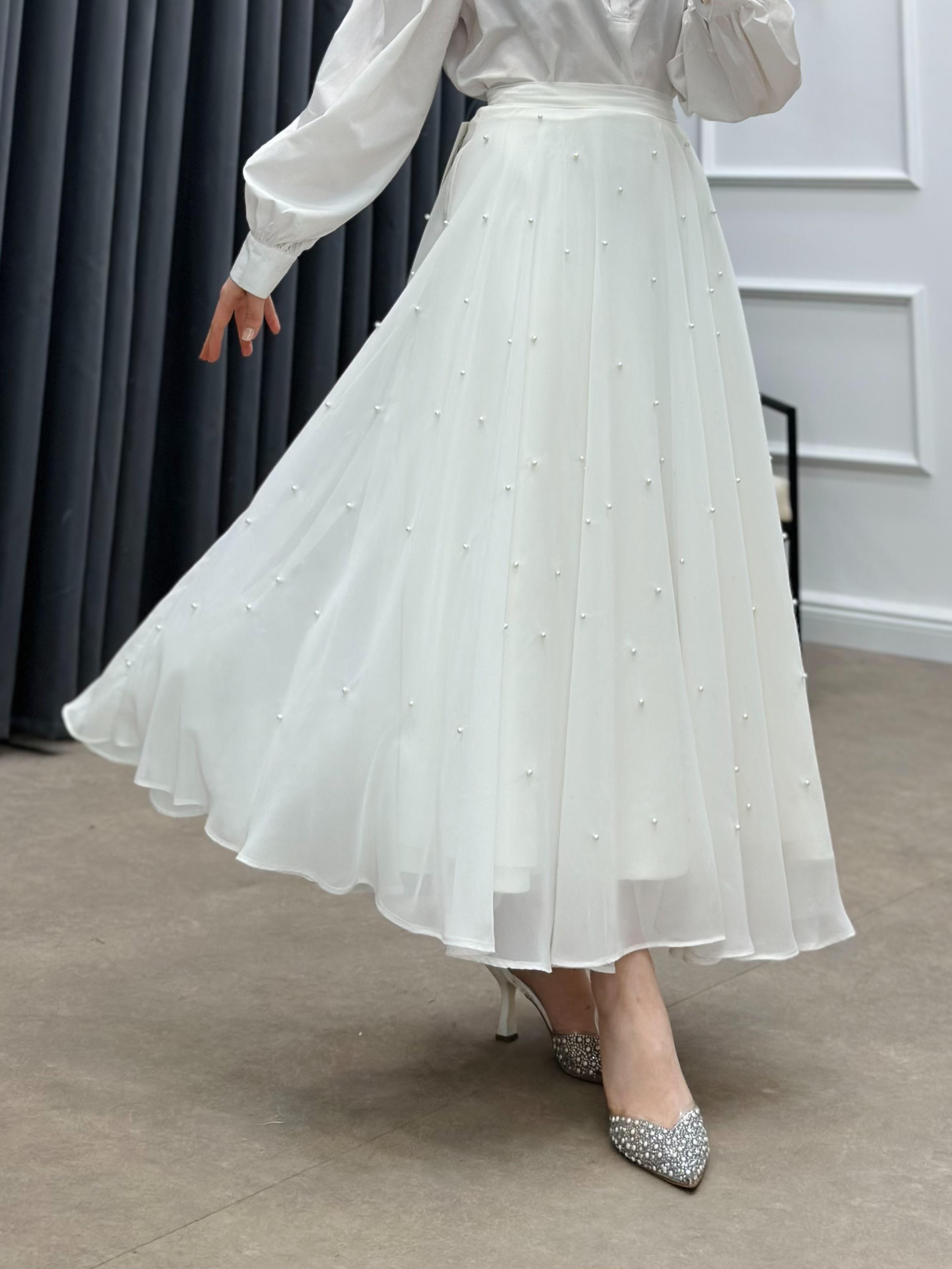 İNCİLİ ŞİFON ETEK BEYAZ