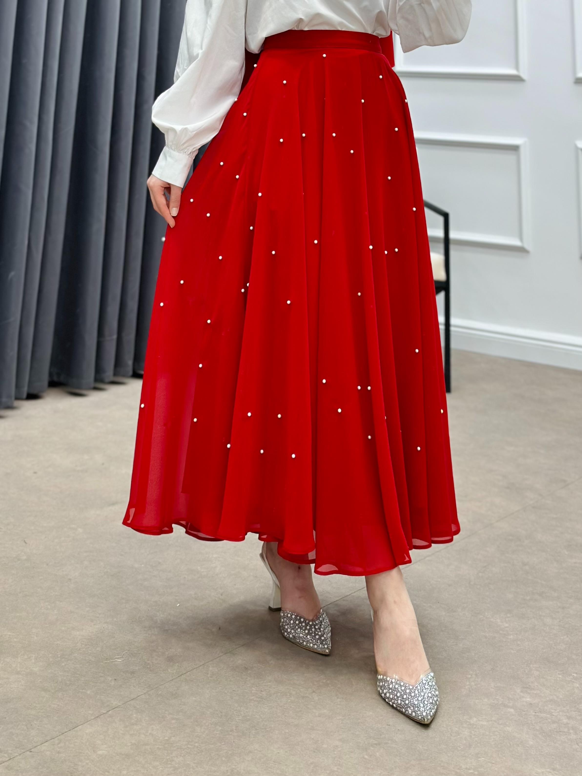 İNCİLİ ŞİFON ETEK KIRMIZI