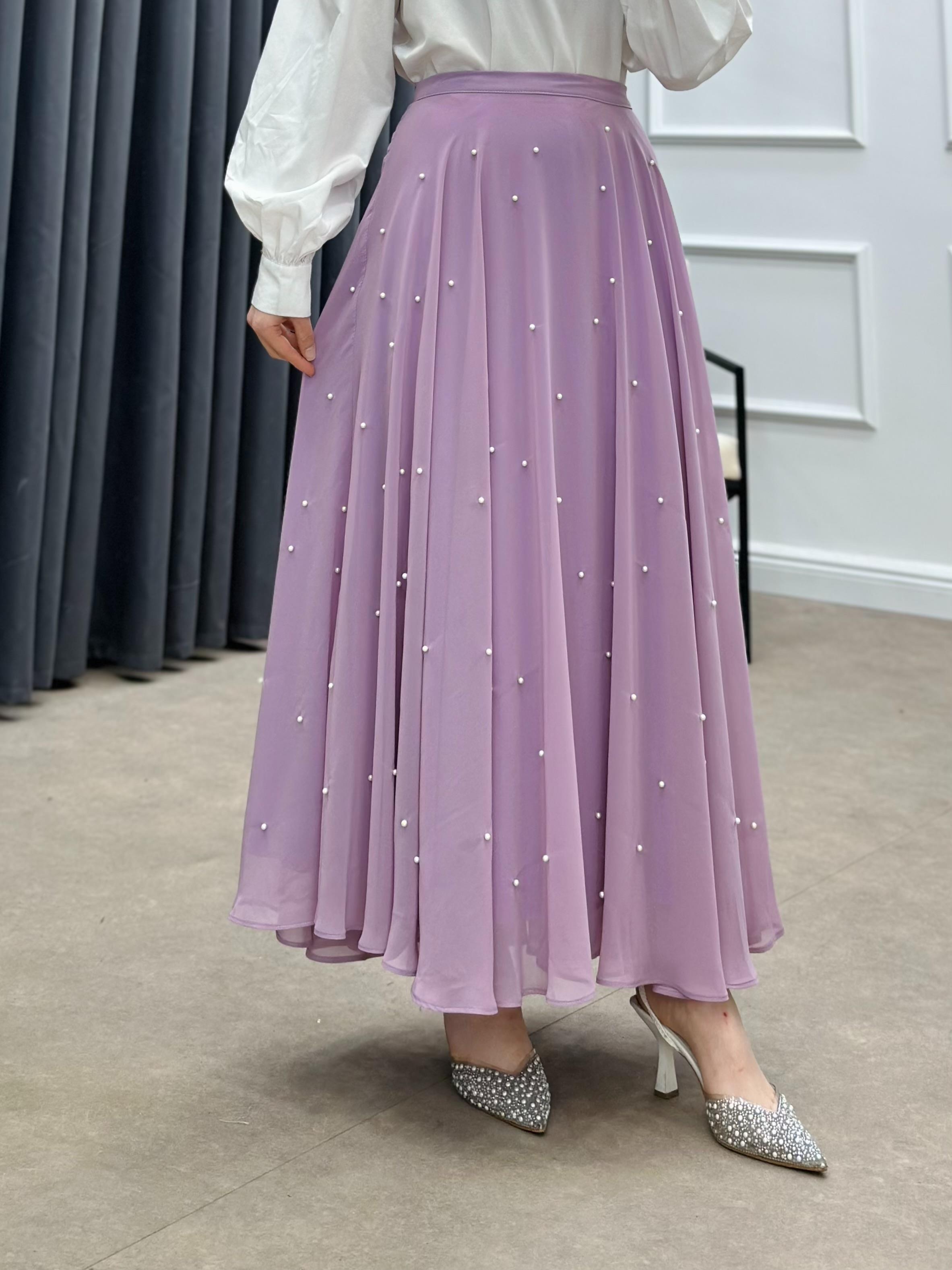 İNCİLİ ŞİFON ETEK LİLA