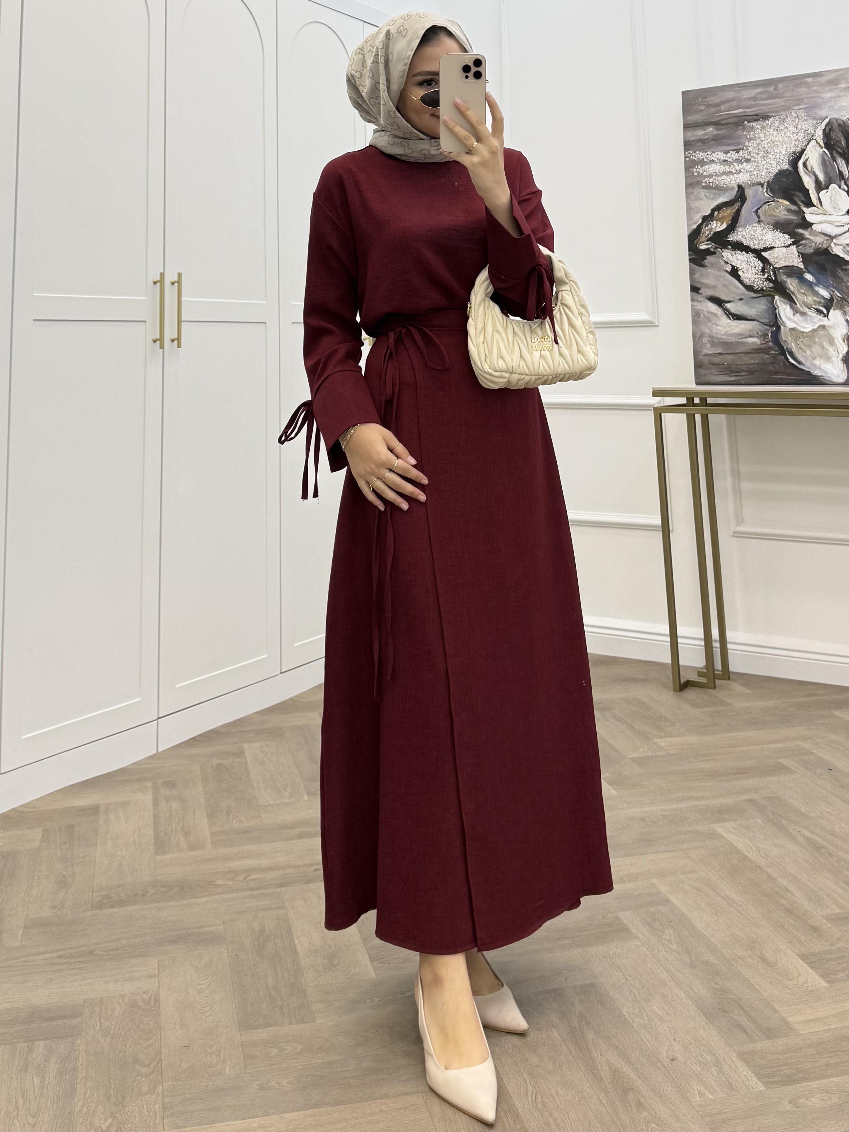 İP BAĞLAMALI BASİC ETEKLİ TAKIM BORDO